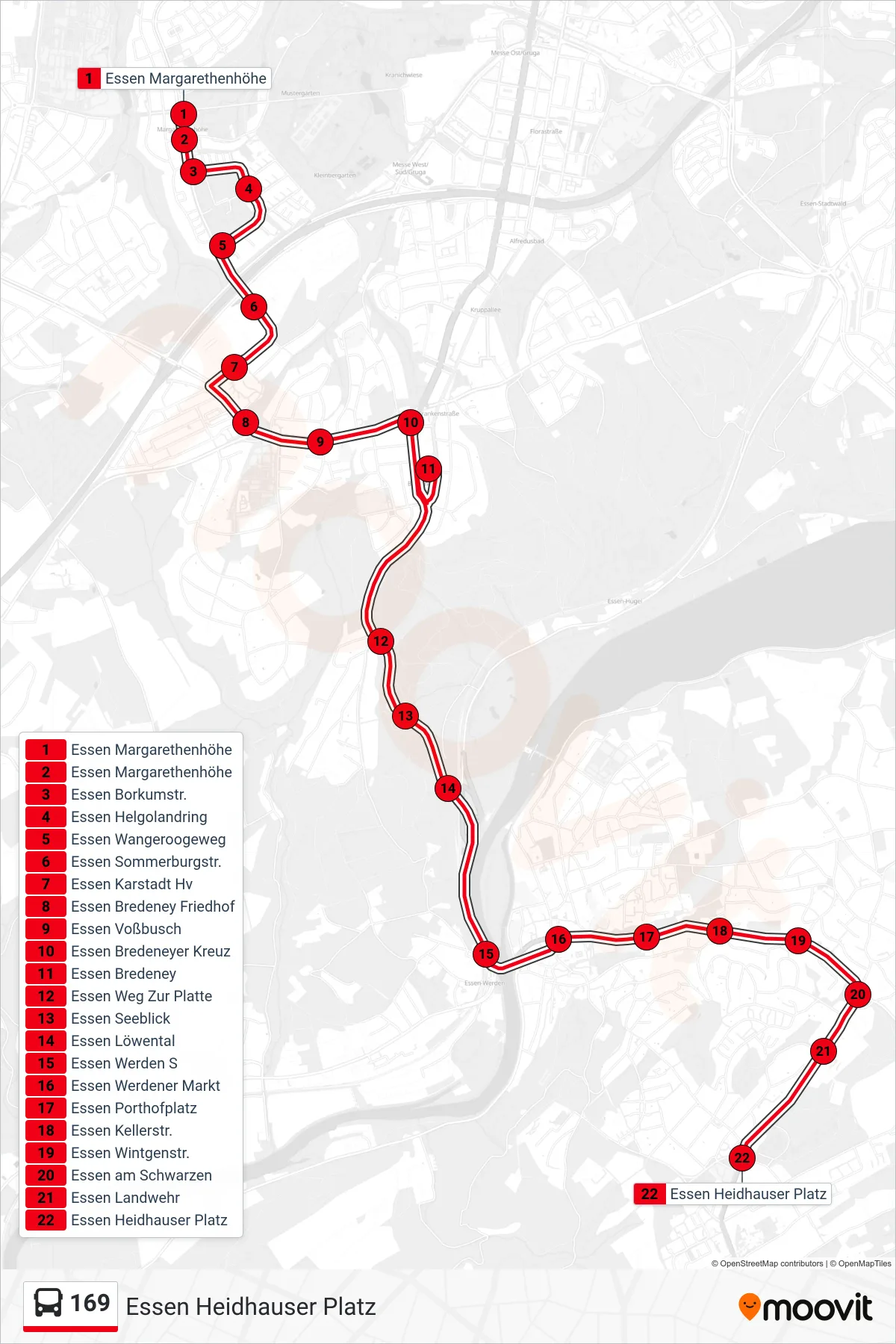 Linie 169 (Bus) Richtung Essen Heidhauser Platz: Route und Haltestellen auf der Karte