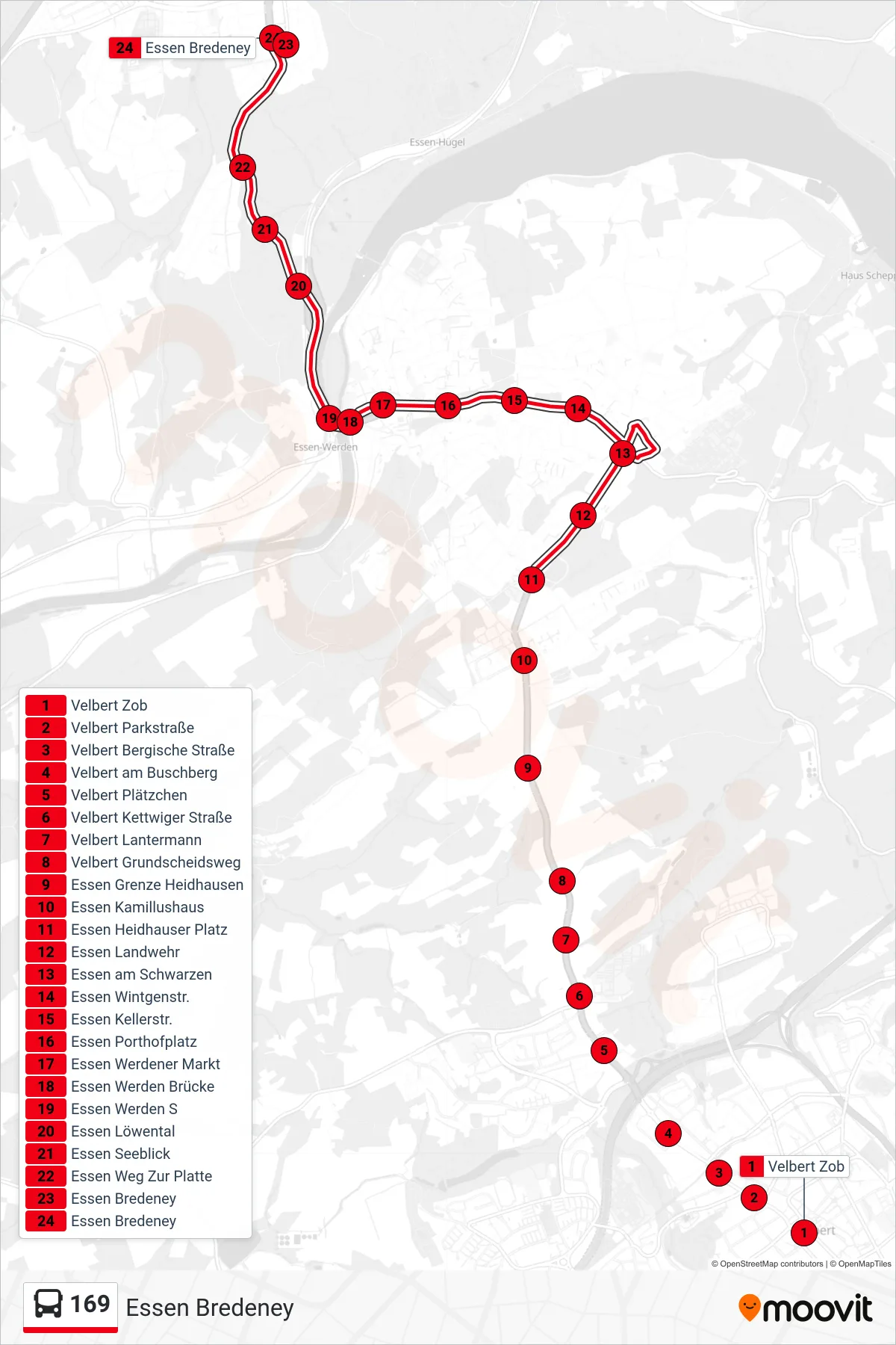 Linie 169 (Bus) Richtung Essen Bredeney: Route und Haltestellen auf der Karte