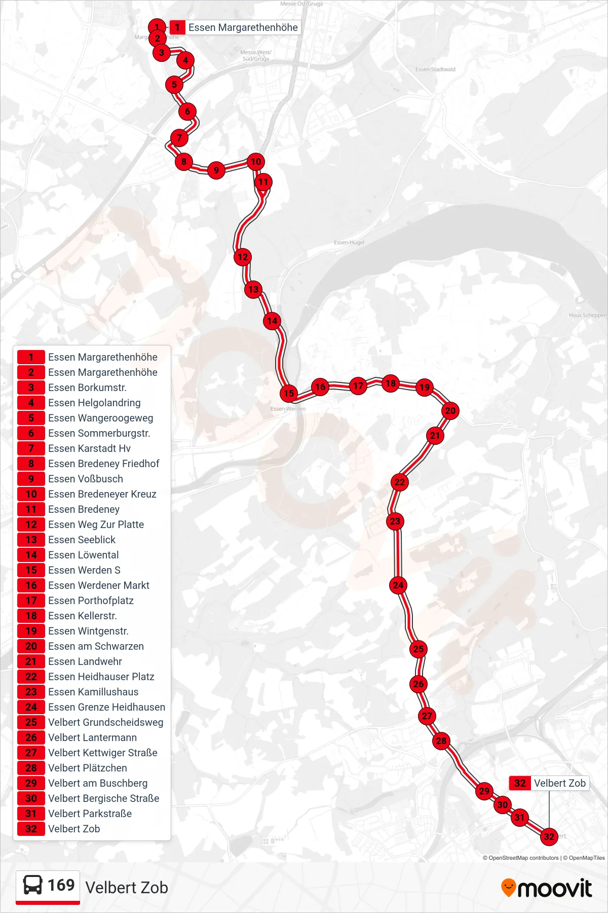 Linie 169 (Bus) Richtung Velbert Zob: Route und Haltestellen auf der Karte