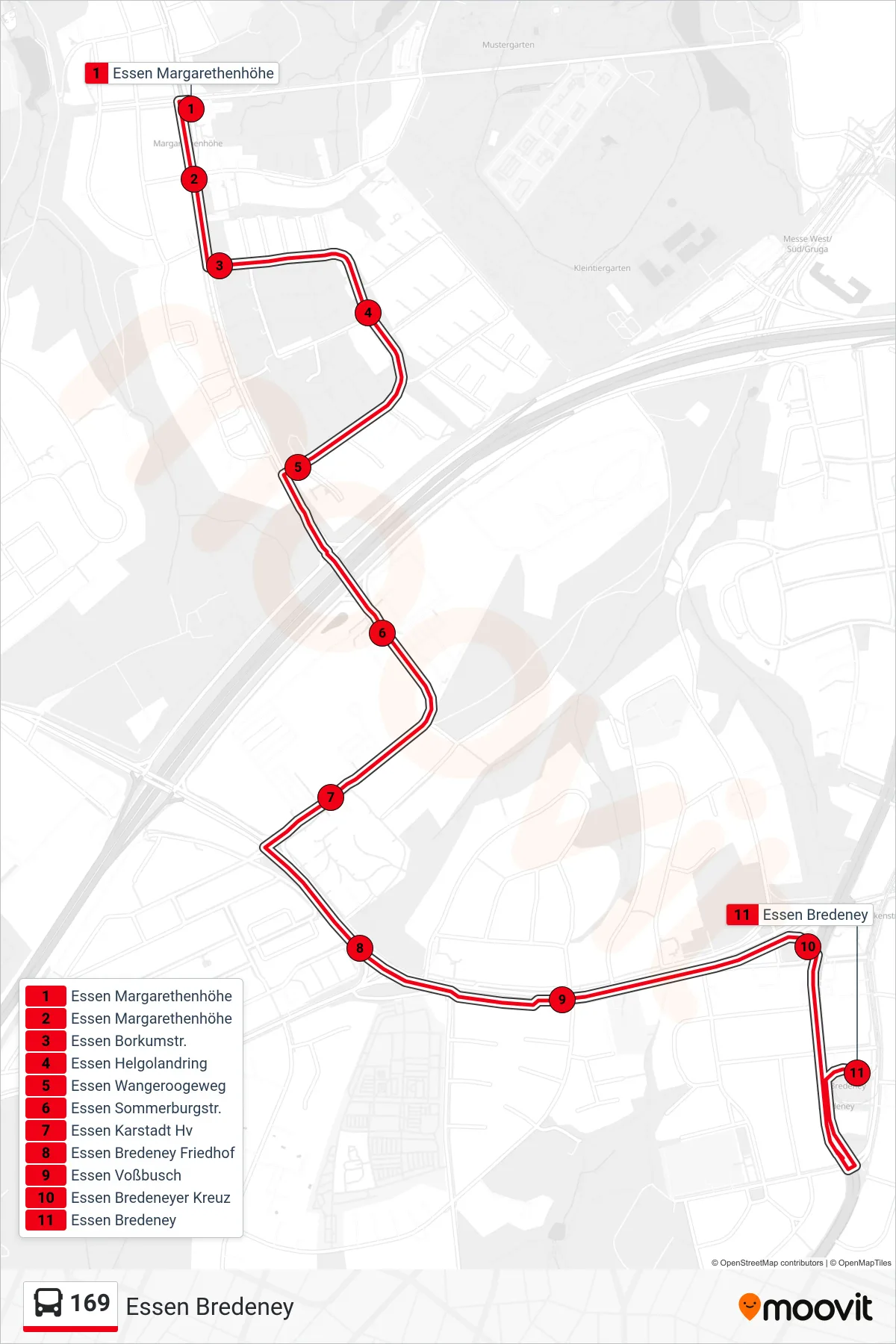 169 bus Line (Essen Bredeney) route and stops on a map
