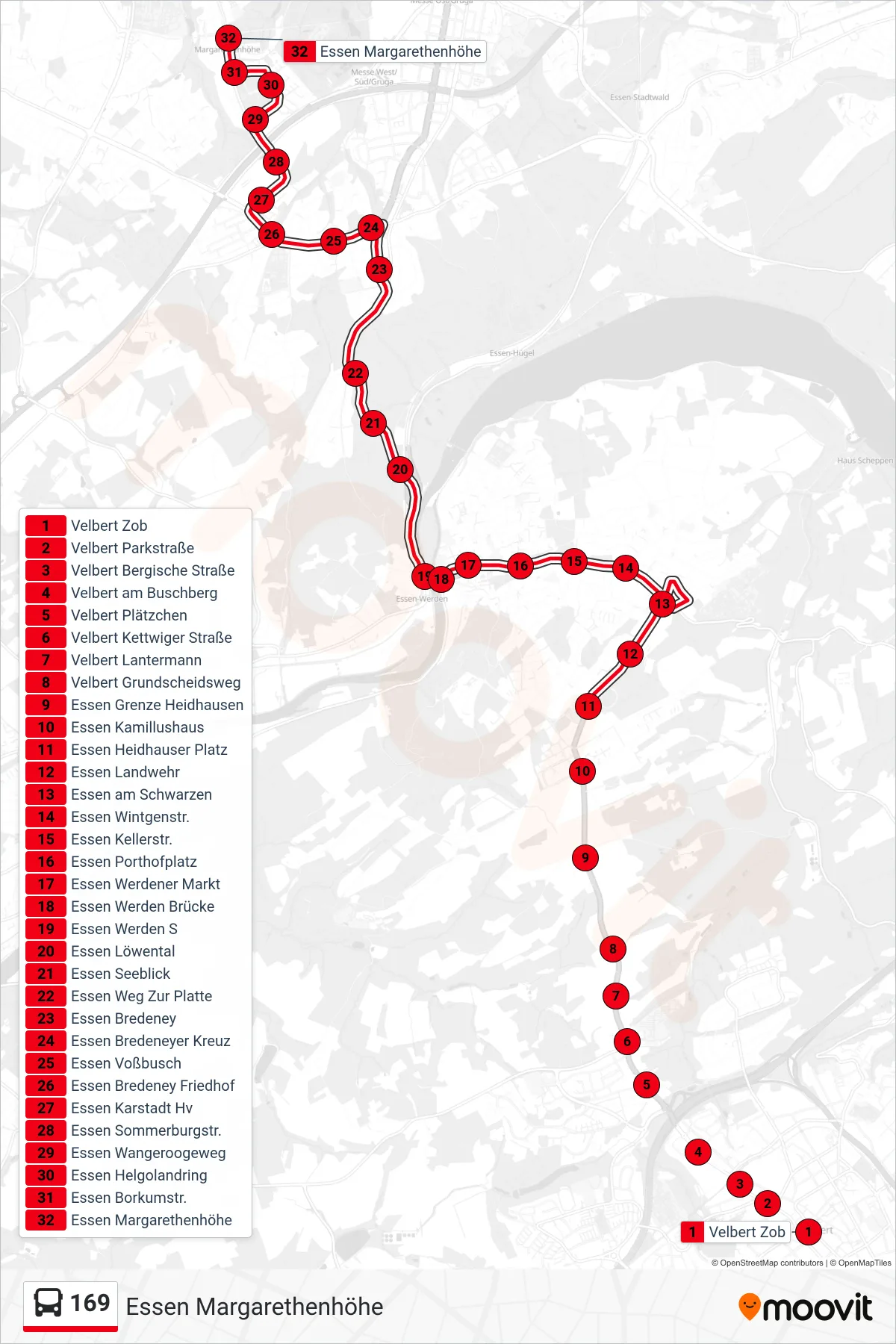 Linie 169 (Bus) Richtung Essen Margarethenhöhe: Route und Haltestellen auf der Karte