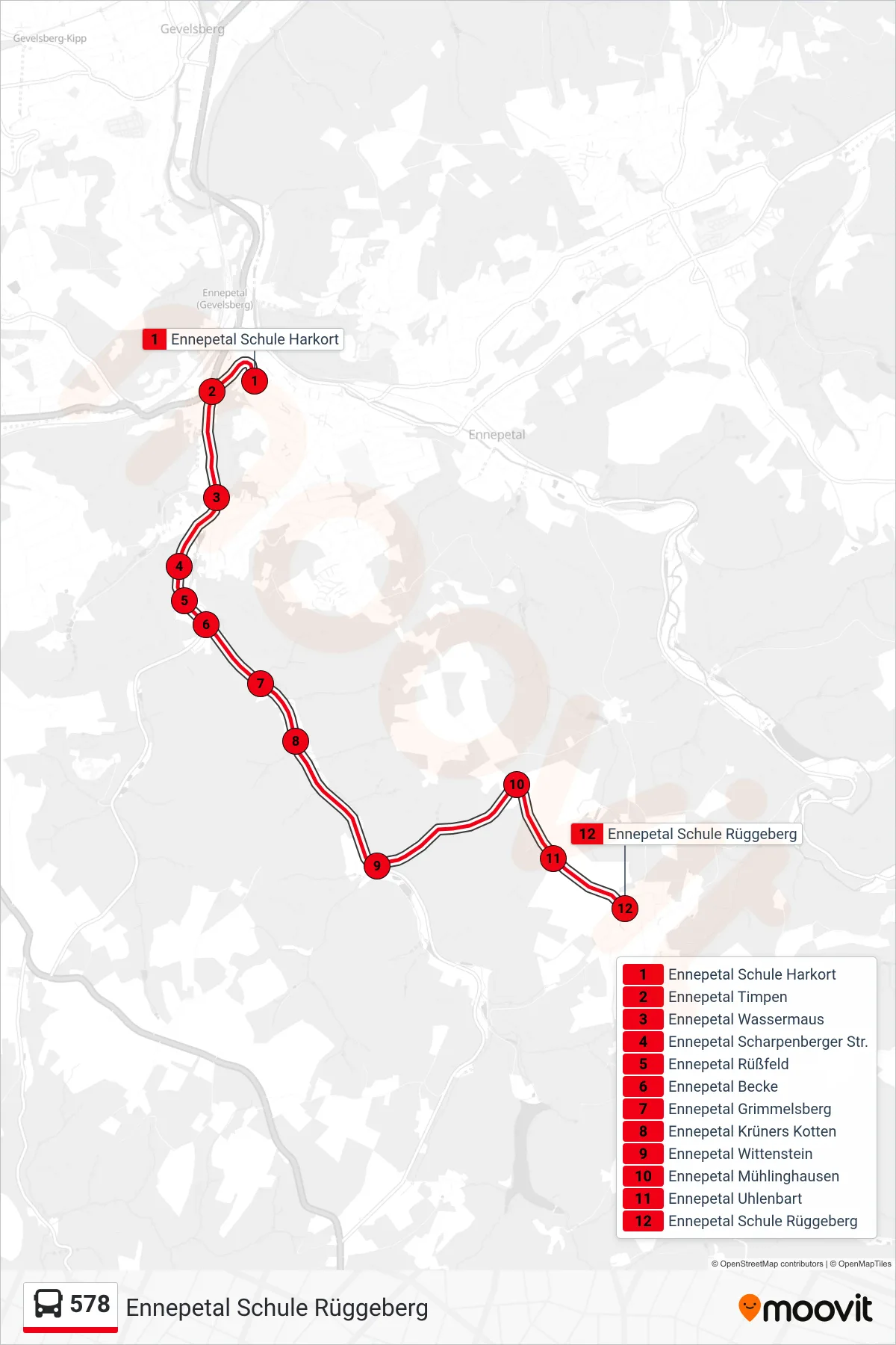Linie 578 (Bus) Richtung Ennepetal Schule Rüggeberg: Route und Haltestellen auf der Karte