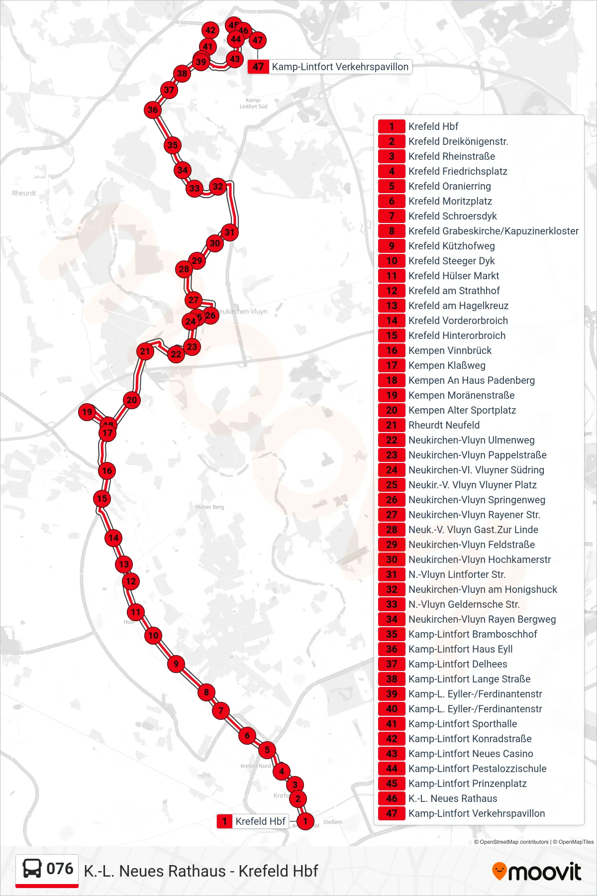 076 bus Line (Kamp-Lintfort Verkehrspavillon) route and stops on a map