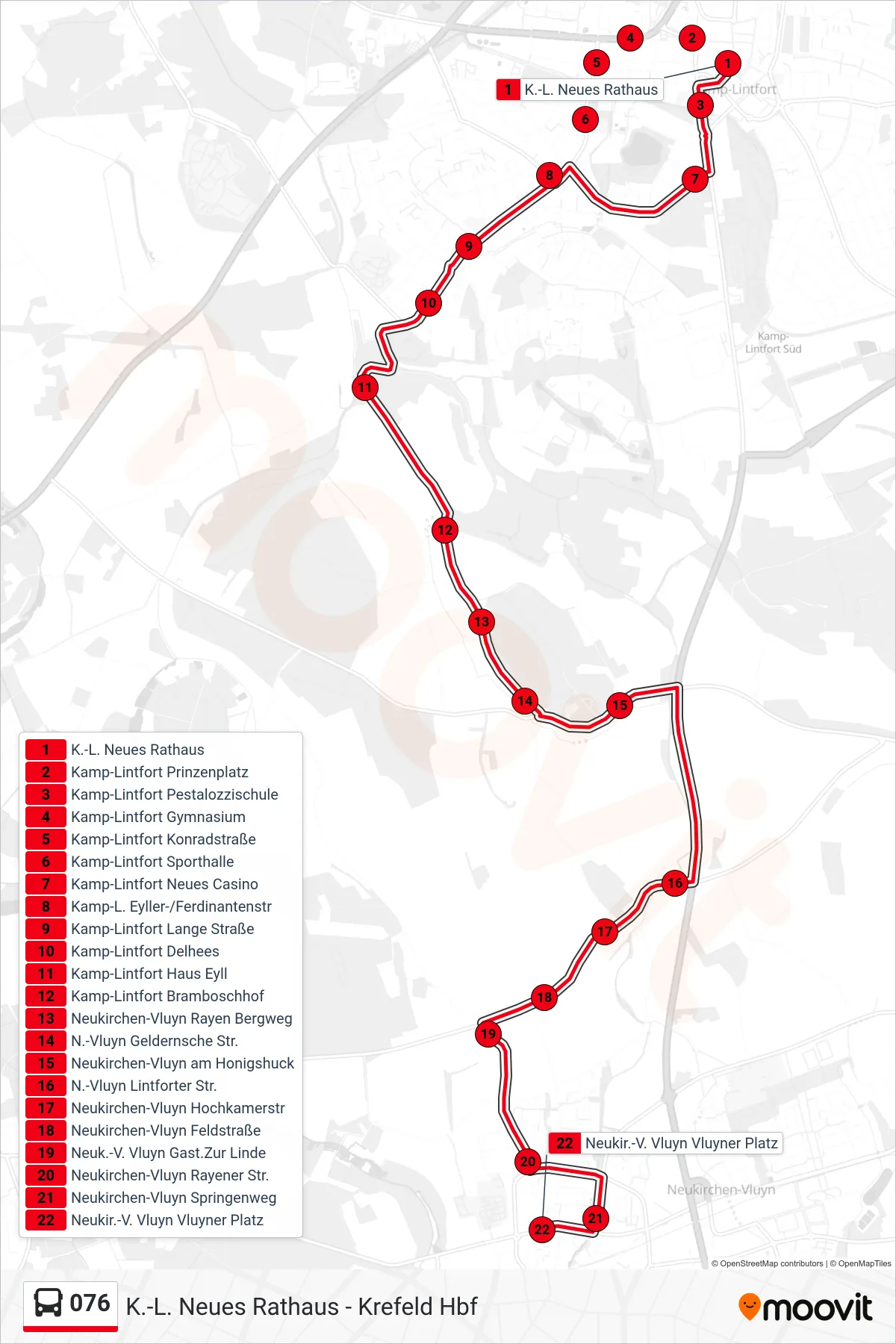 076 bus Line (Neukir.-V. Vluyn Vluyner Platz) route and stops on a map