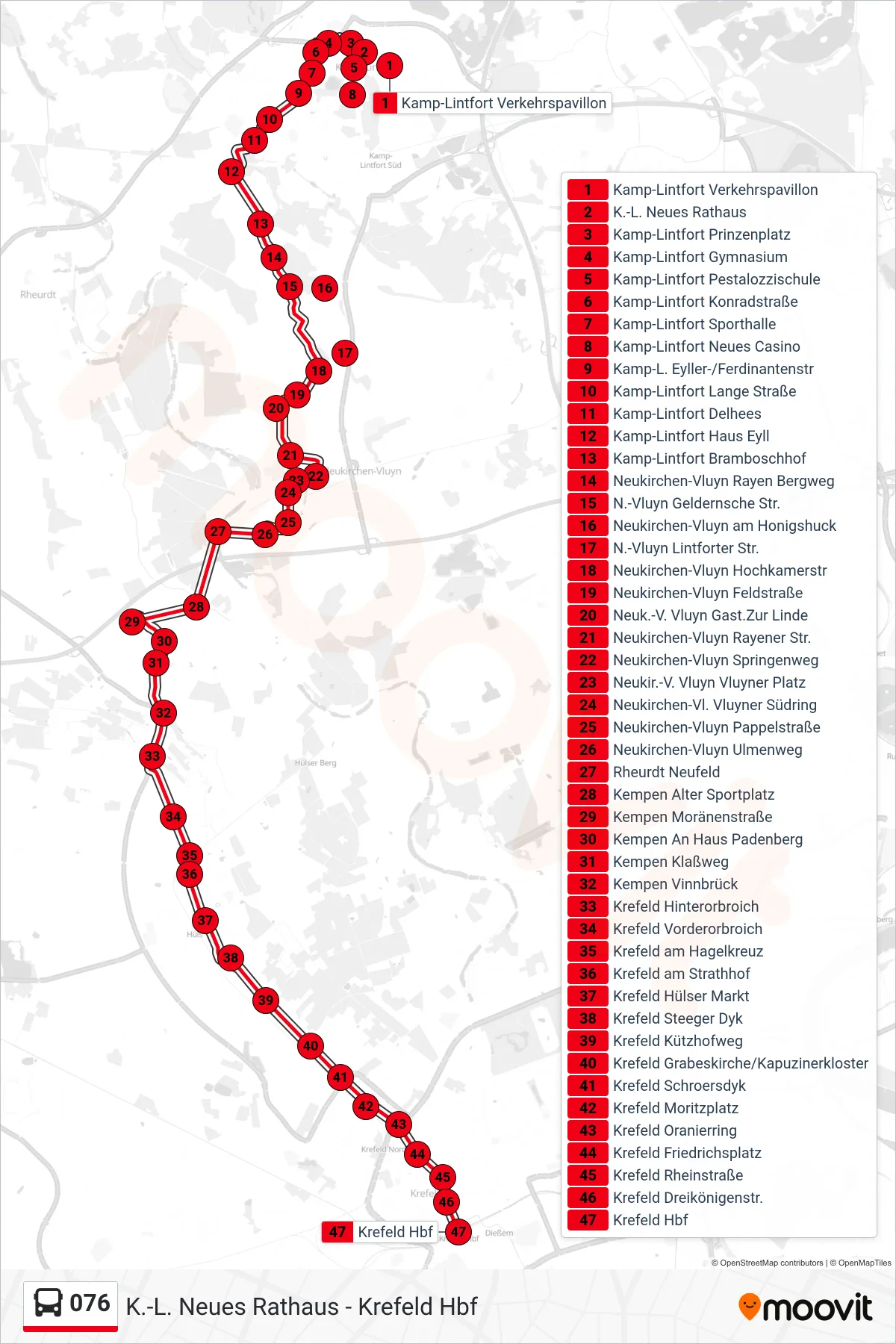 Linie 076 (Bus) Richtung Krefeld Hbf: Route und Haltestellen auf der Karte