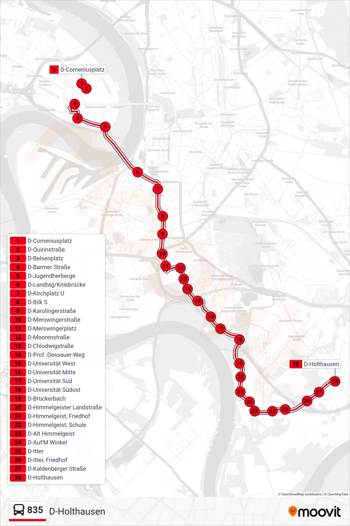 835 bus Line (D-Holthausen) route and stops on a map