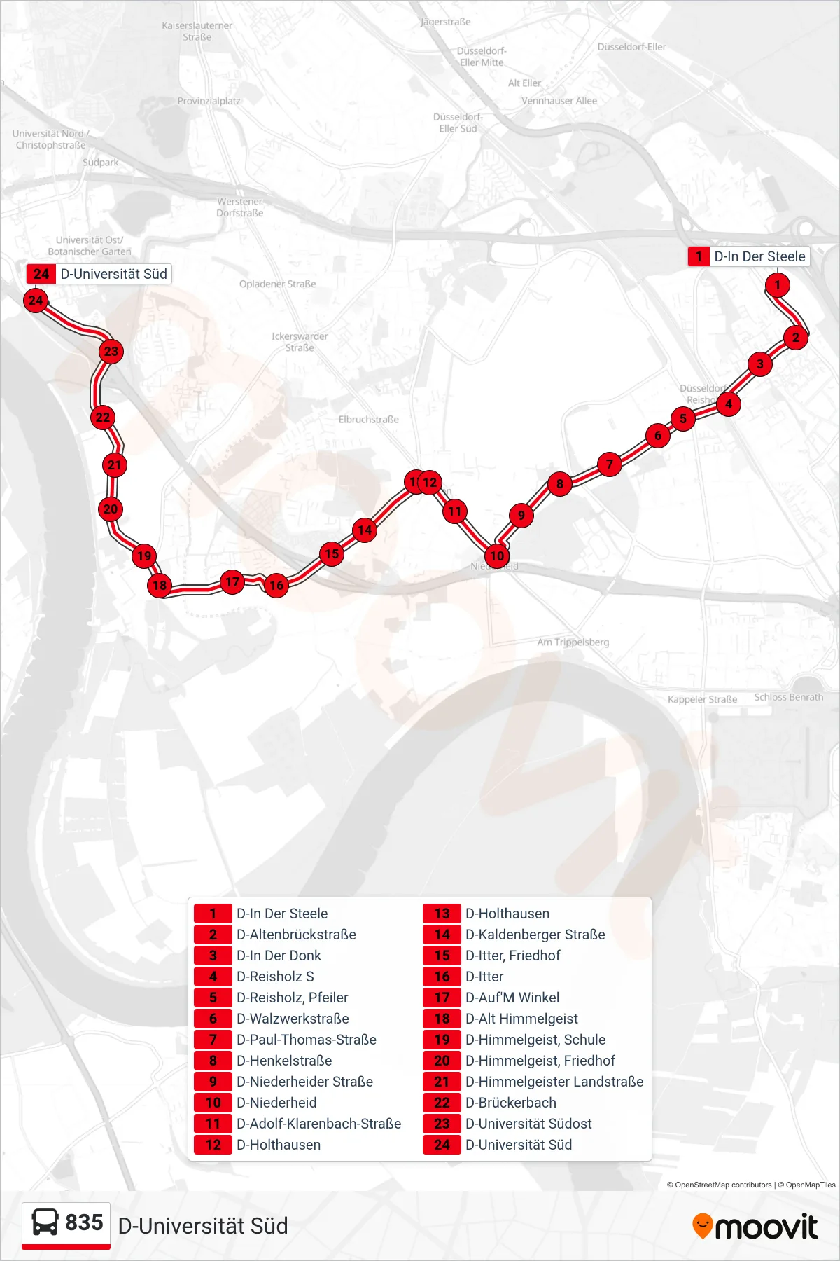 835 bus Line (D-Universität Süd) route and stops on a map