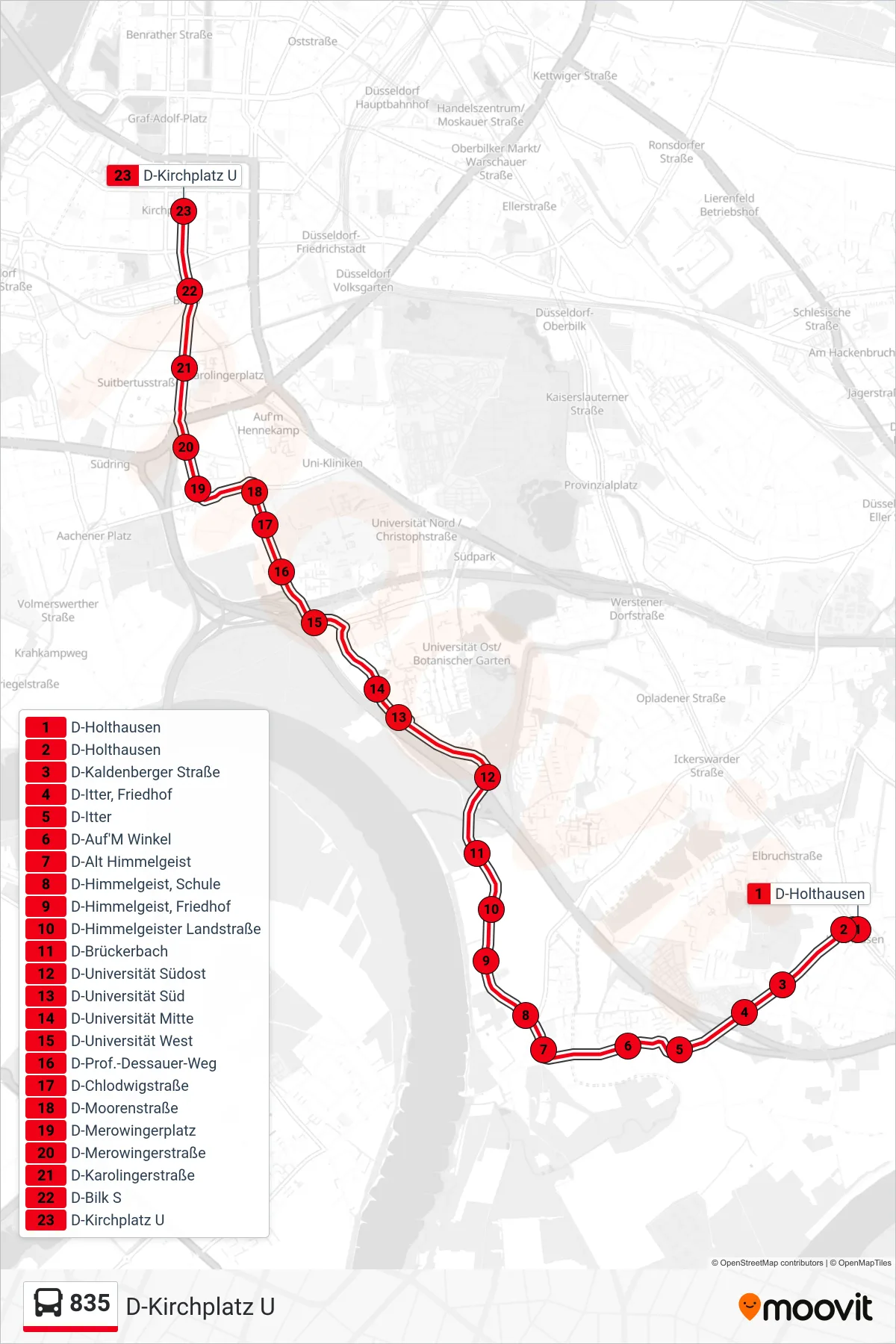 Linie 835 (Bus) Richtung D-Kirchplatz U: Route und Haltestellen auf der Karte