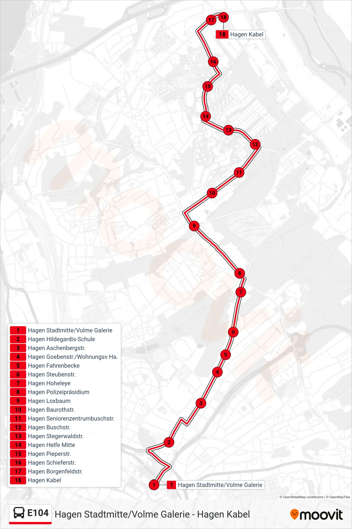 Linie E104 (Bus) Richtung Hagen Kabel: Route und Haltestellen auf der Karte