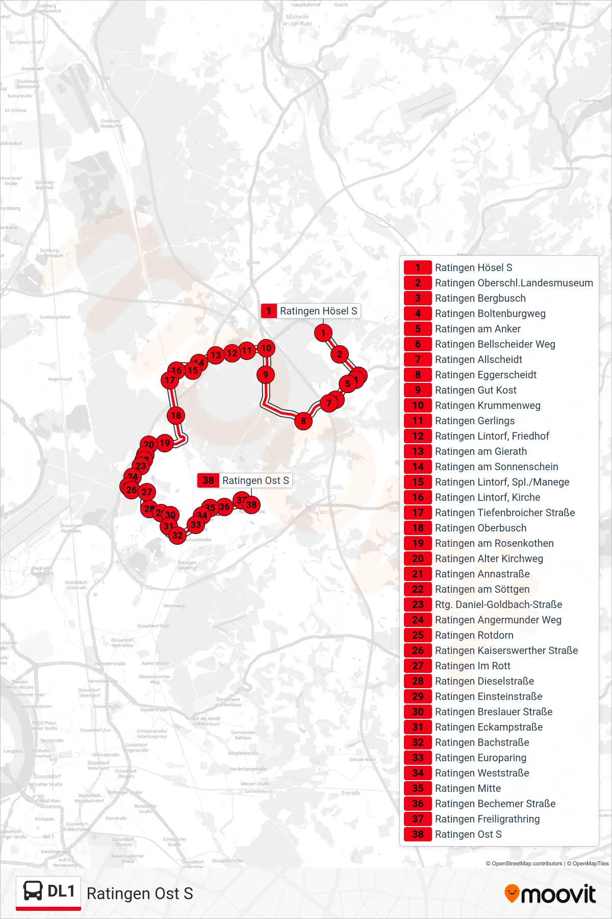 DL1 bus Line (Ratingen Ost S) route and stops on a map