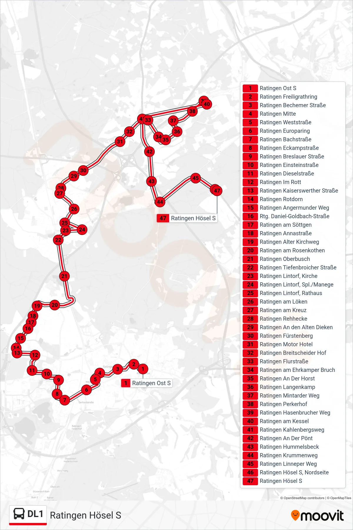 Linie DL1 (Bus) Richtung Ratingen Hösel S: Route und Haltestellen auf der Karte
