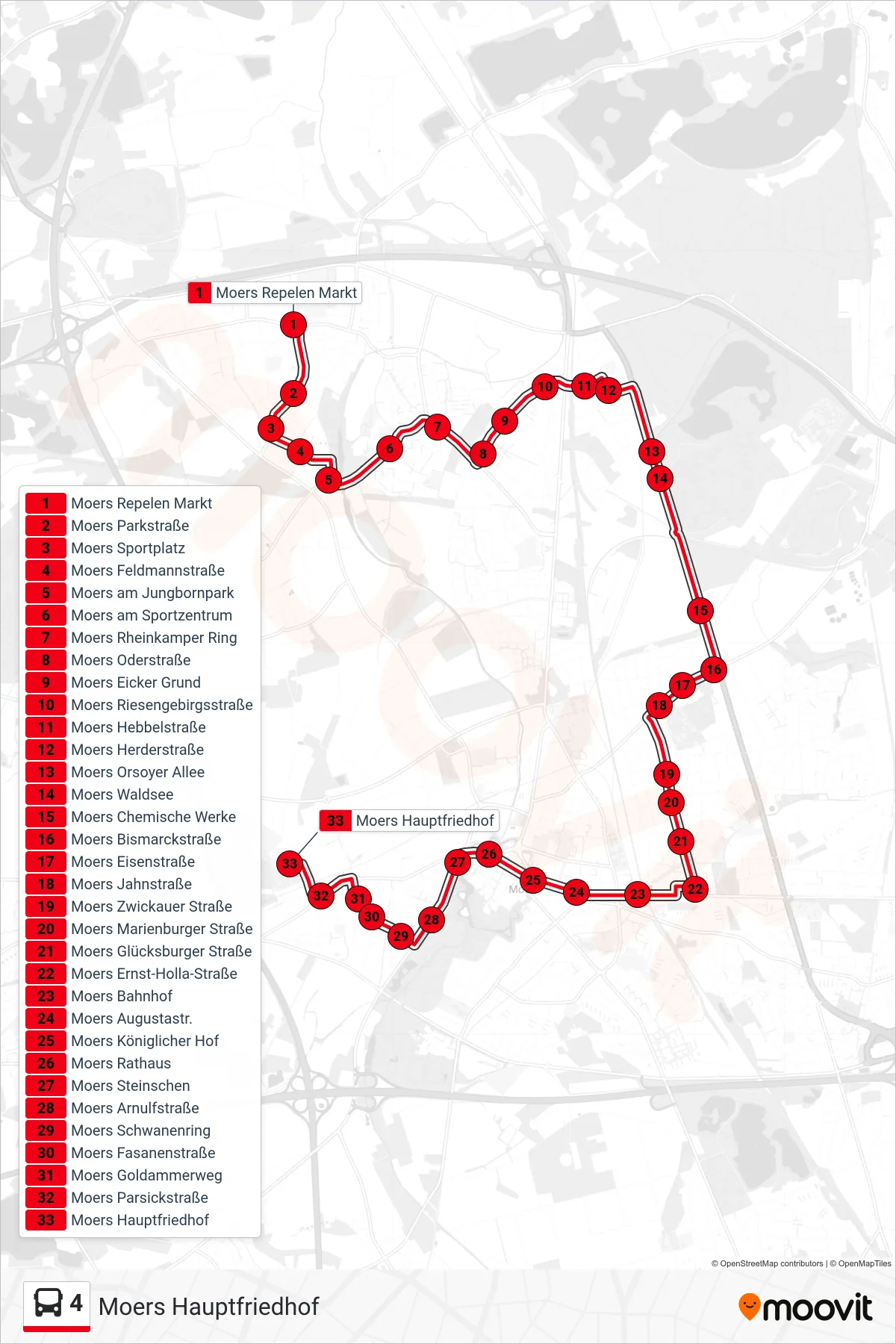 4 bus Line (Moers Hauptfriedhof) route and stops on a map