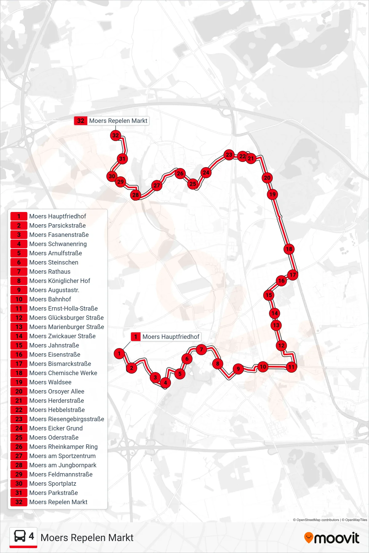 Linie 4 (Bus) Richtung Moers Repelen Markt: Route und Haltestellen auf der Karte