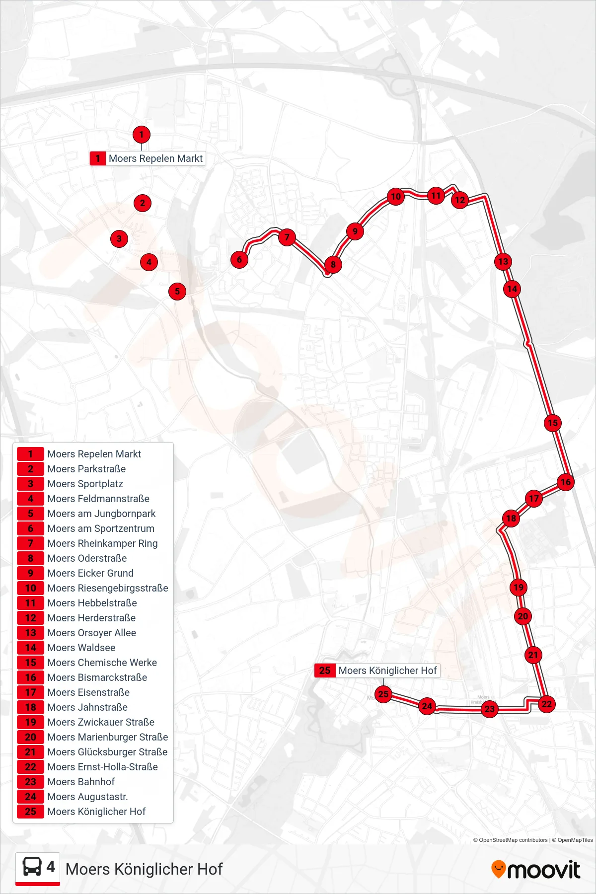 Linie 4 (Bus) Richtung Moers Königlicher Hof: Route und Haltestellen auf der Karte