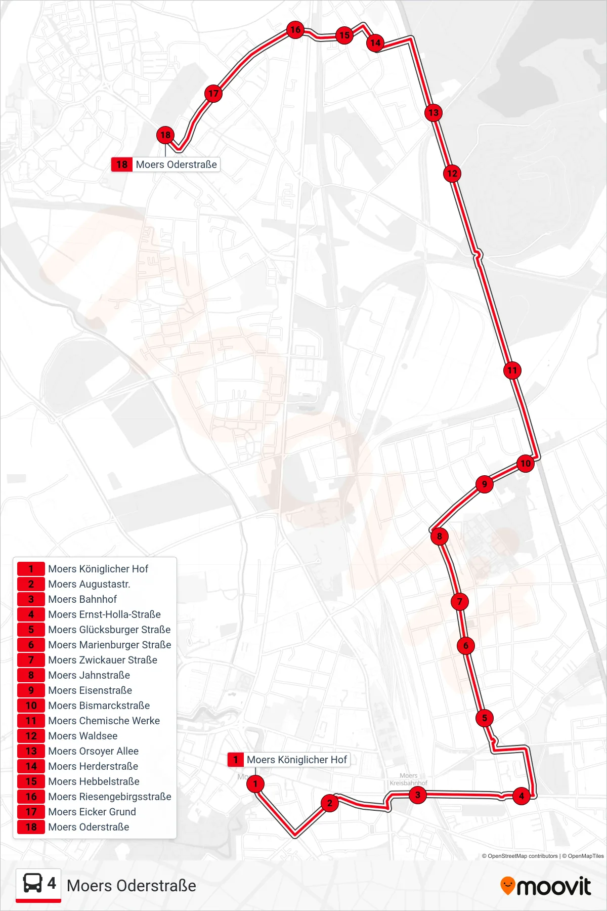 Linie 4 (Bus) Richtung Moers Oderstraße: Route und Haltestellen auf der Karte
