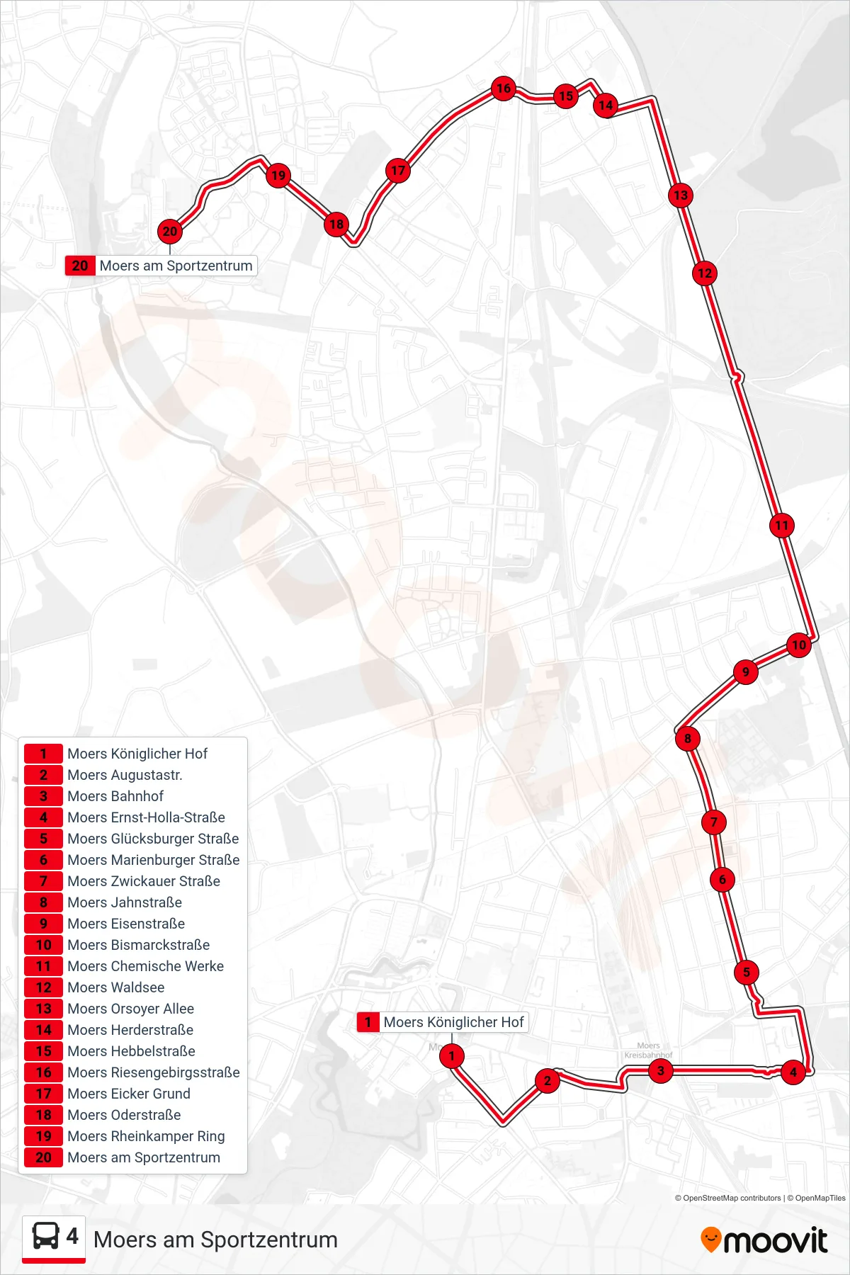 4 bus Line (Moers am Sportzentrum) route and stops on a map