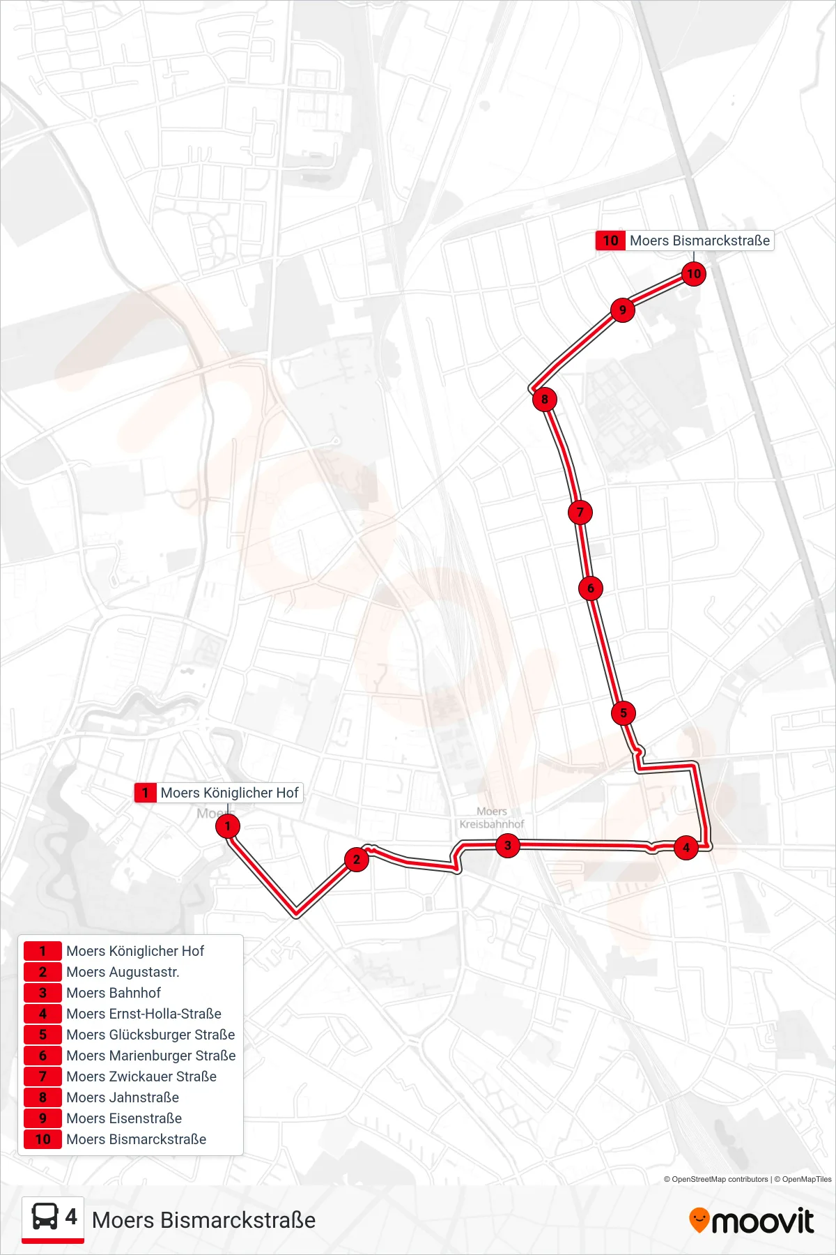 Linie 4 (Bus) Richtung Moers Bismarckstraße: Route und Haltestellen auf der Karte