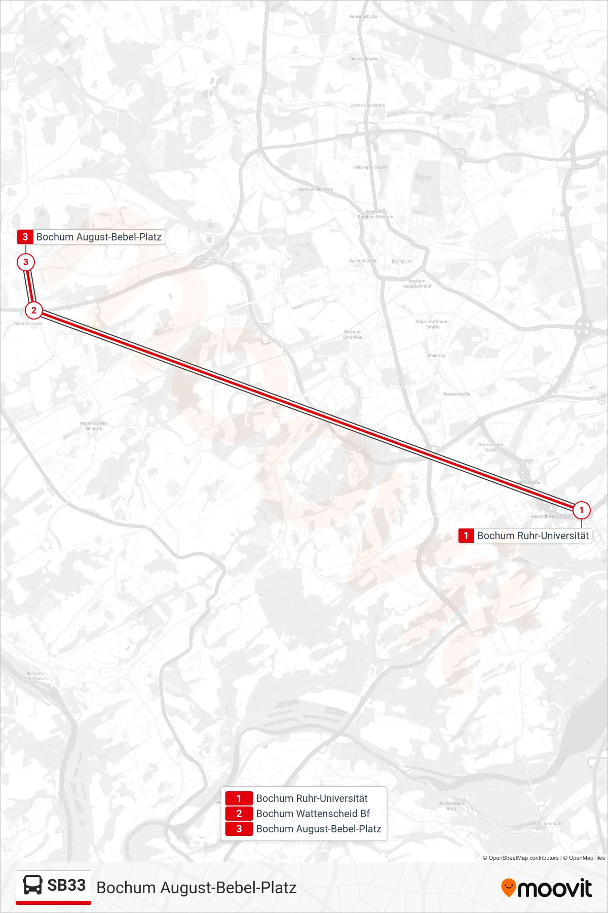 Linie SB33 (Bus) Richtung Bochum August-Bebel-Platz: Route und Haltestellen auf der Karte