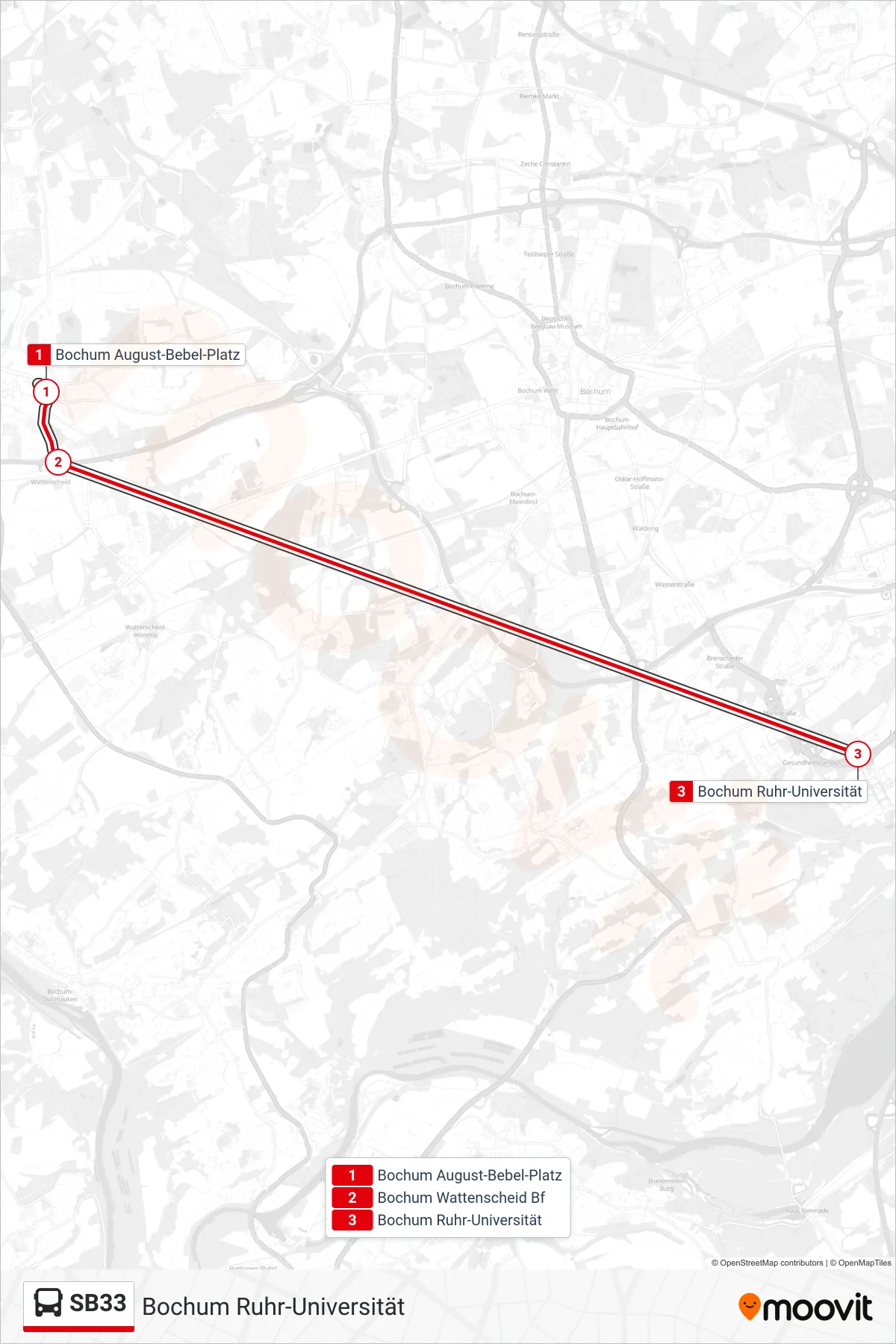 SB33 bus Line (Bochum Ruhr-Universität) route and stops on a map