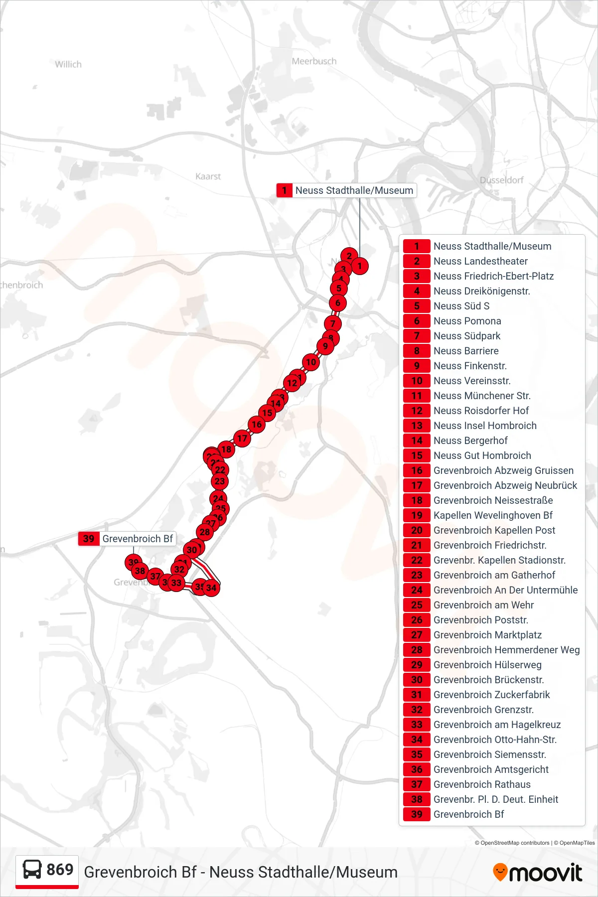 869 bus Line (Grevenbroich Bf) route and stops on a map
