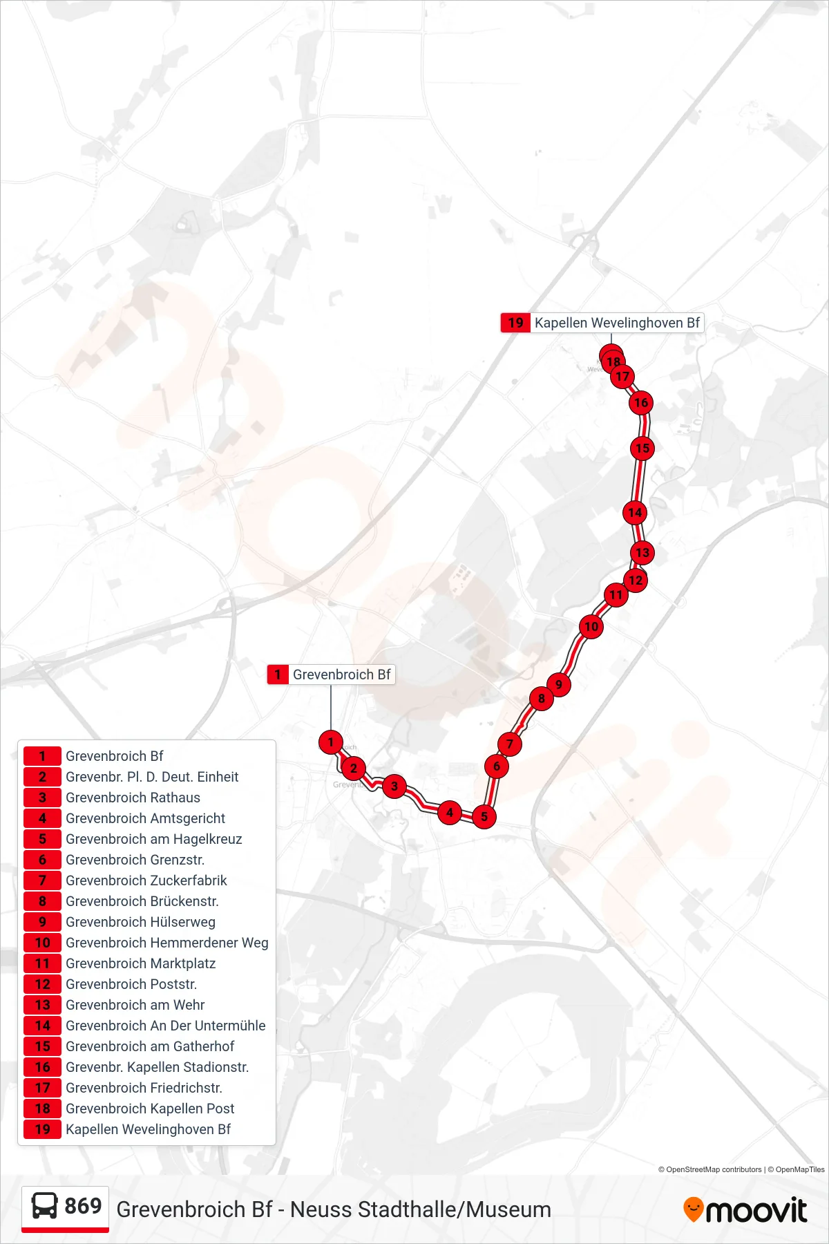 869 bus Line (Kapellen Wevelinghoven Bf) route and stops on a map