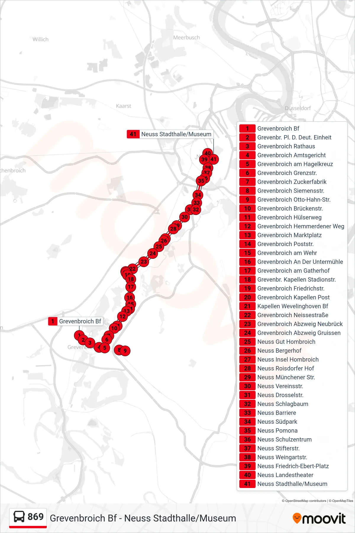 869 bus Line (Neuss Stadthalle/Museum) route and stops on a map