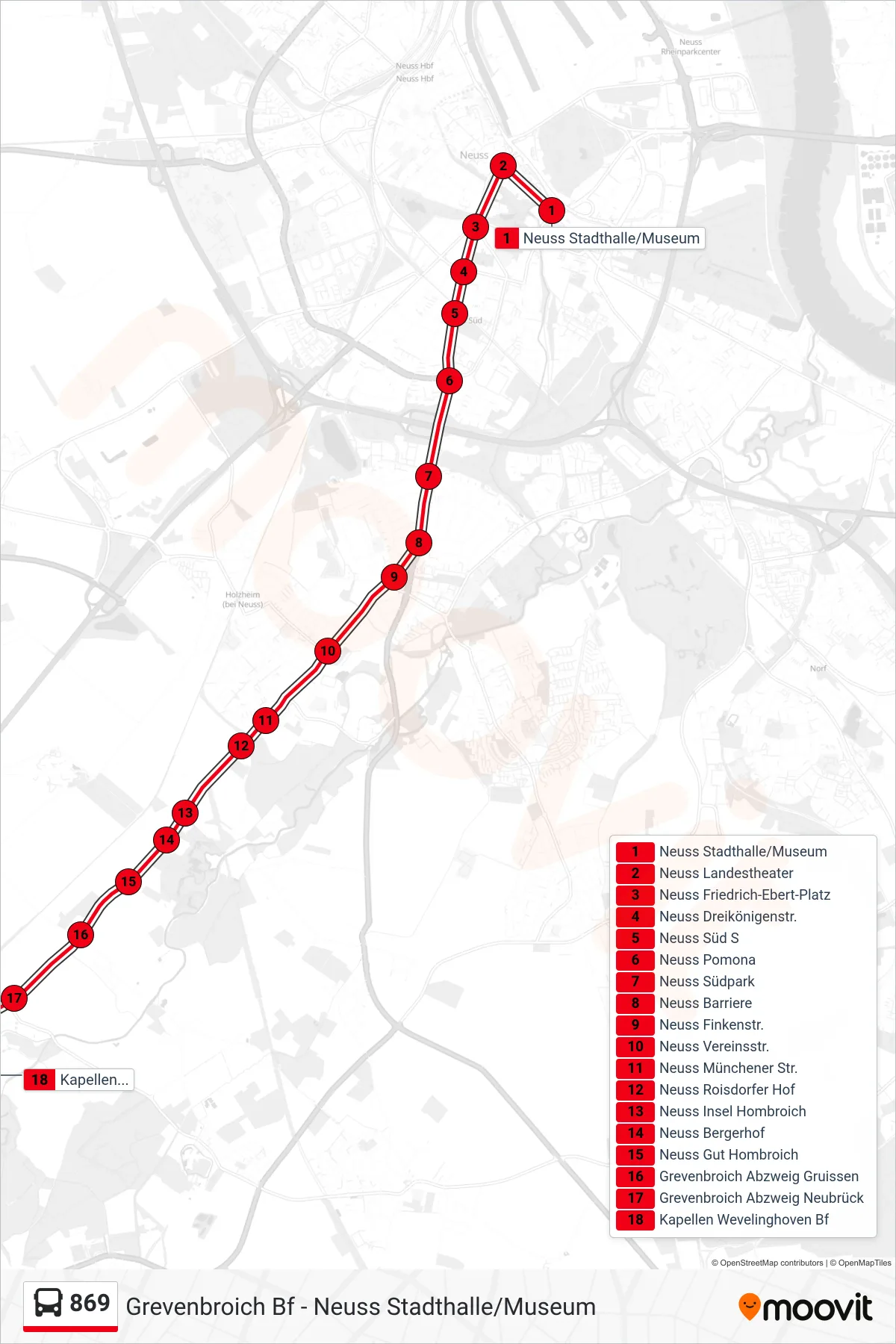 869 bus Line (Kapellen Wevelinghoven Bf) route and stops on a map