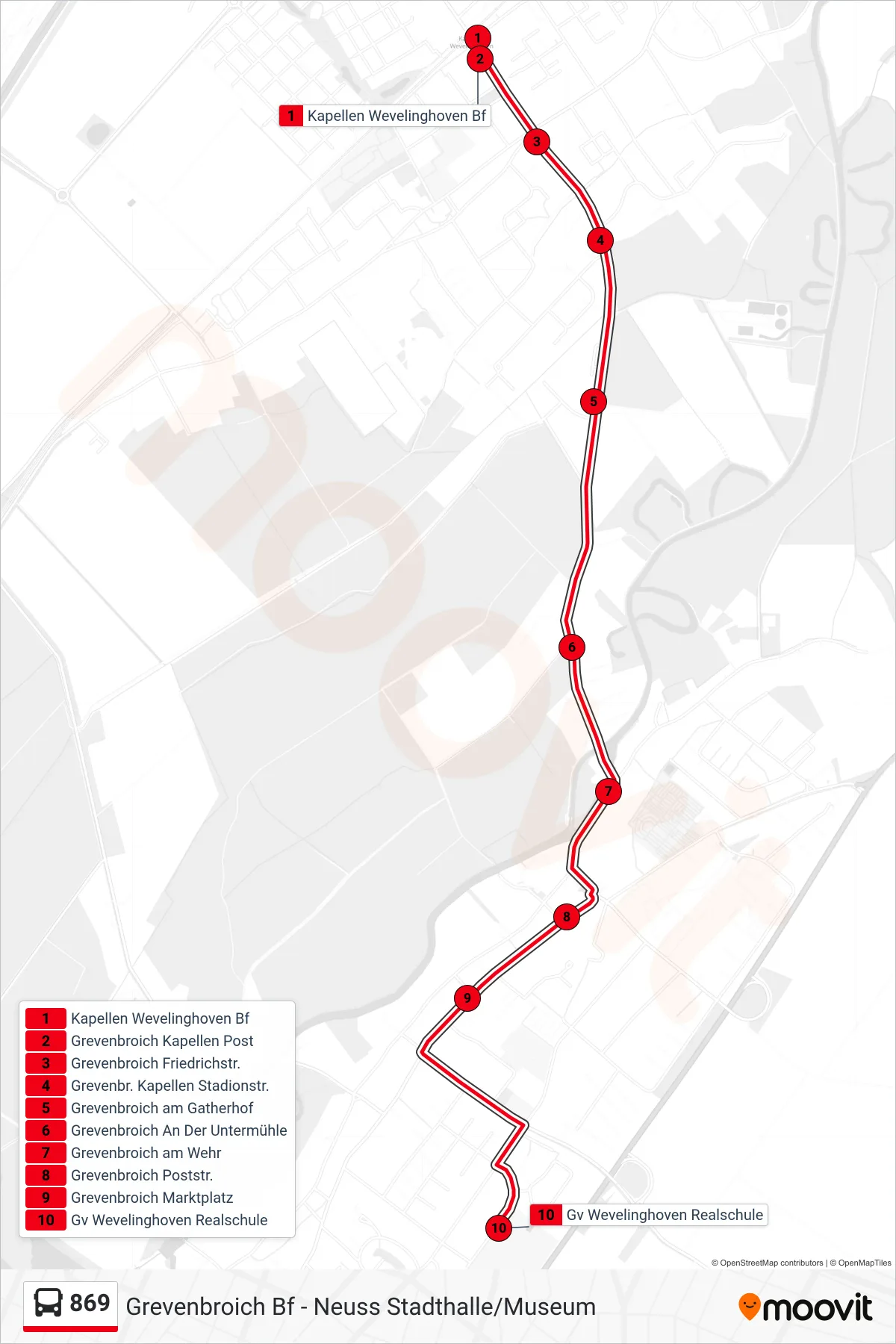 Linie 869 (Bus) Richtung Gv Wevelinghoven Realschule: Route und Haltestellen auf der Karte