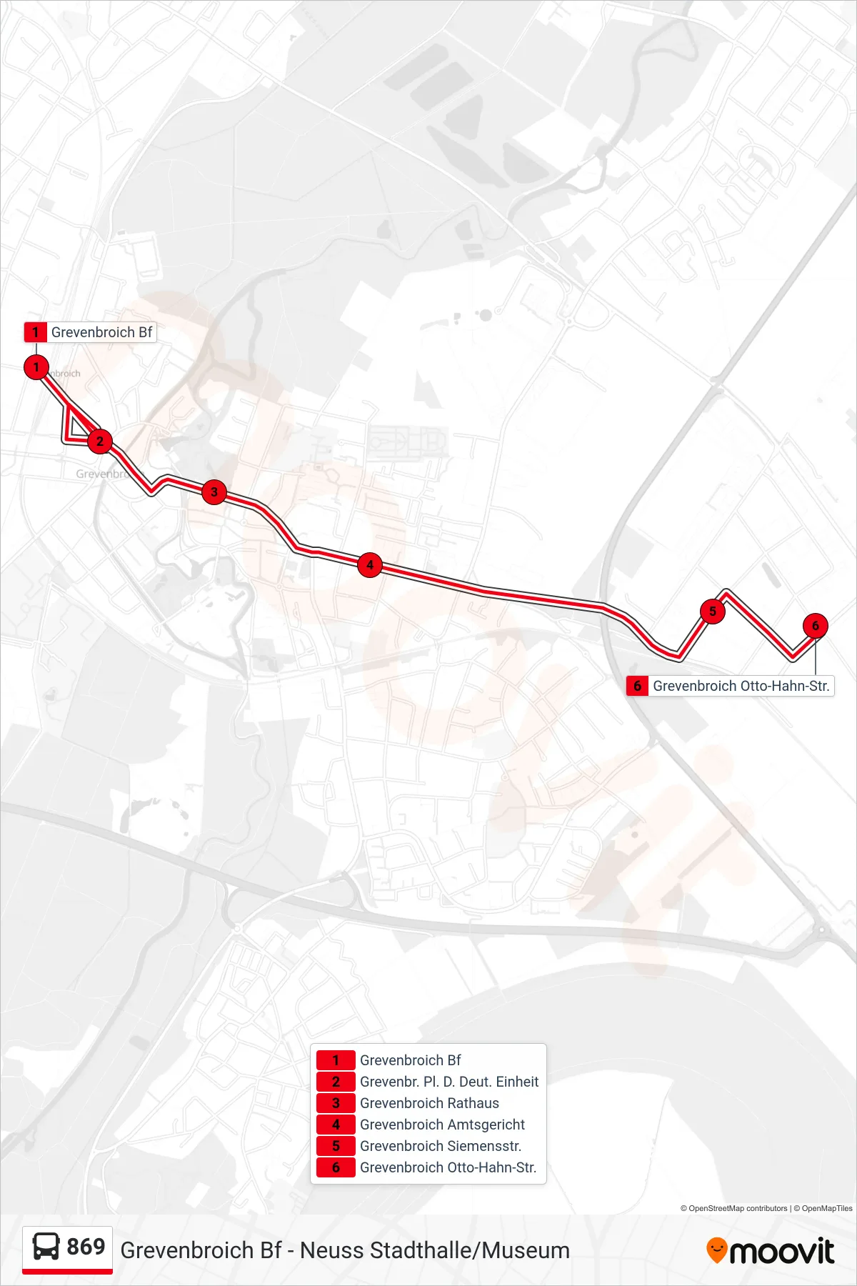 Linie 869 (Bus) Richtung Grevenbroich Otto-Hahn-Str.: Route und Haltestellen auf der Karte