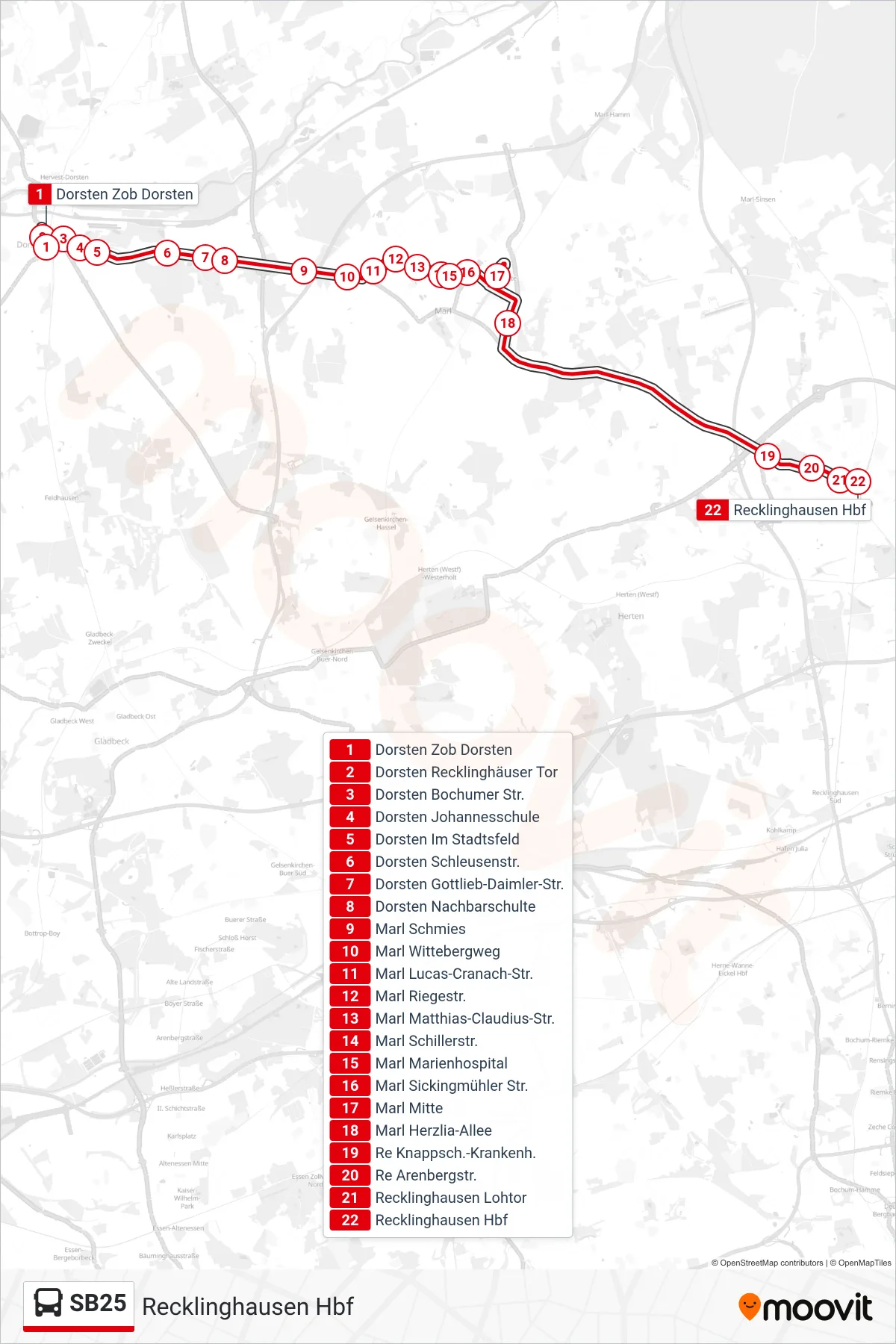 Linie SB25 (Bus) Richtung Recklinghausen Hbf: Route und Haltestellen auf der Karte