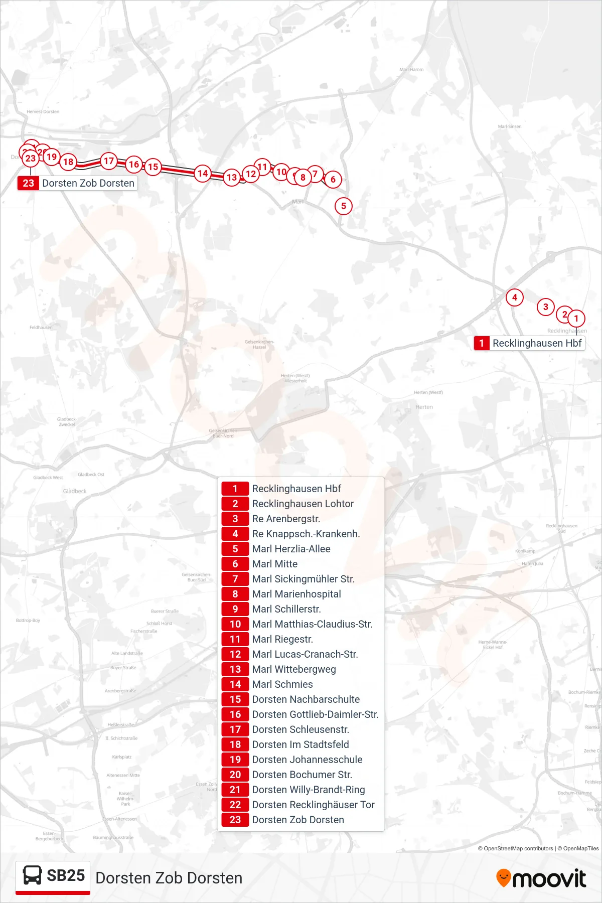 Linie SB25 (Bus) Richtung Dorsten Zob Dorsten: Route und Haltestellen auf der Karte