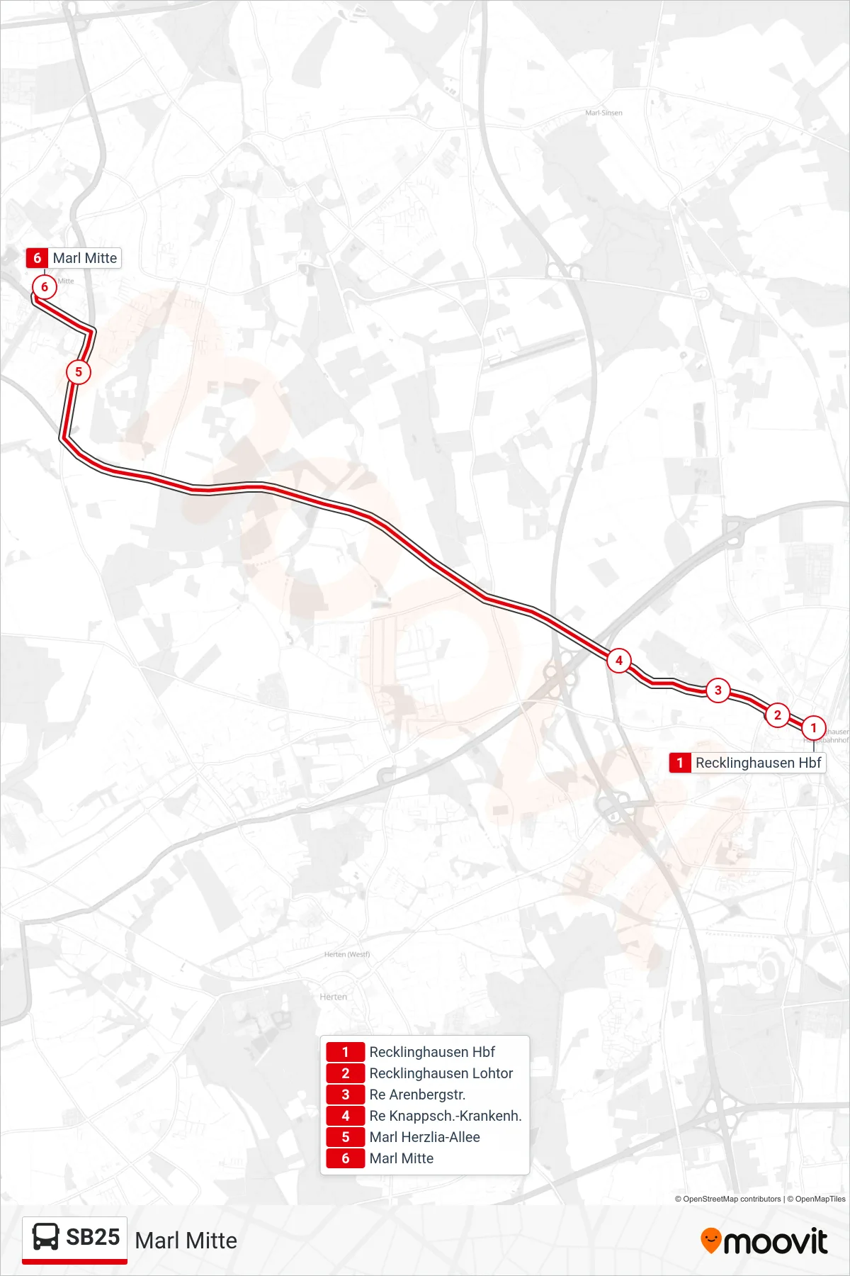 SB25 bus Line (Marl Mitte) route and stops on a map