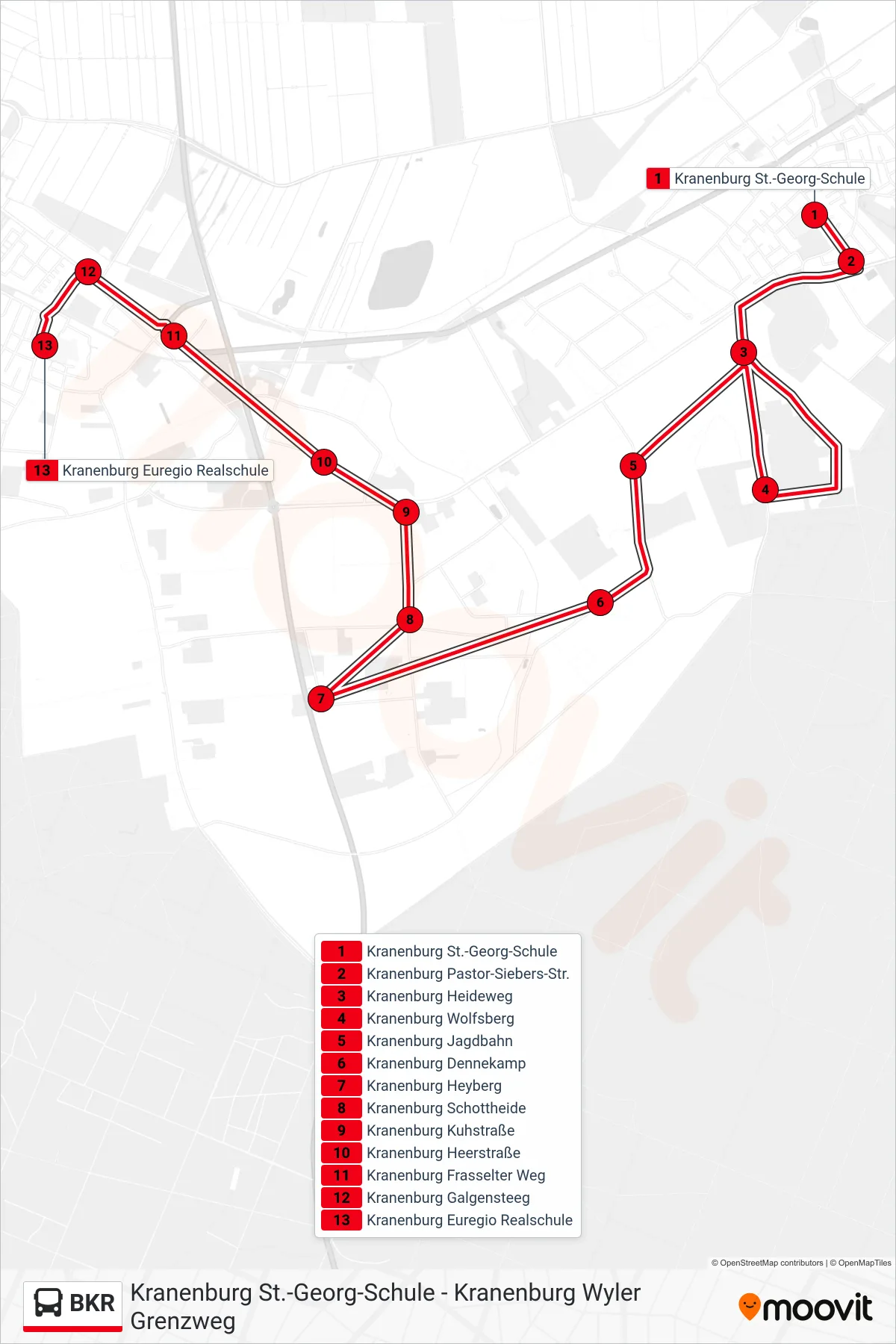 BKR bus Line (Kranenburg Euregio Realschule) route and stops on a map