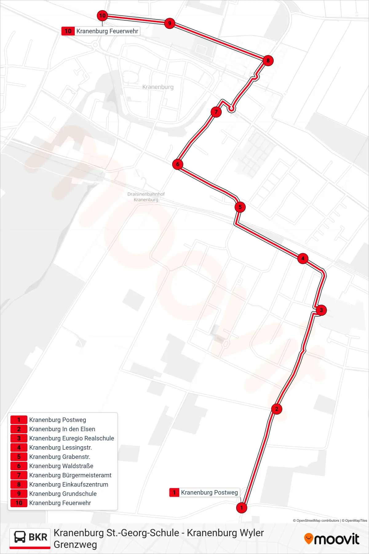 BKR bus Line (Kranenburg Feuerwehr) route and stops on a map