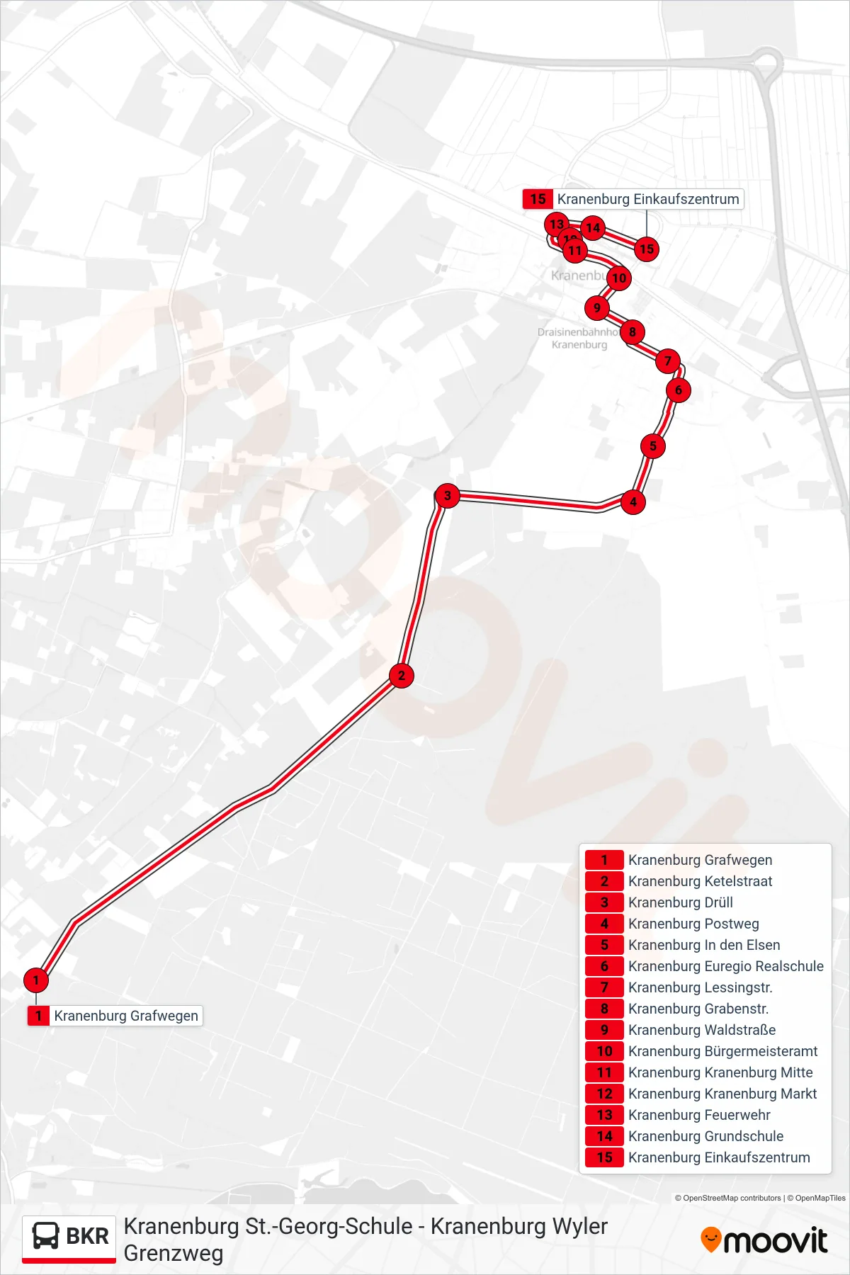 Linie BKR (Bus) Richtung Kranenburg Einkaufszentrum: Route und Haltestellen auf der Karte