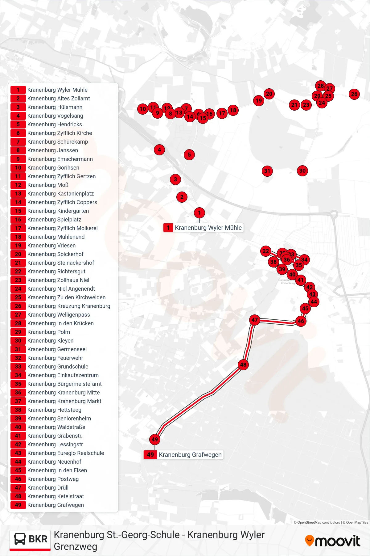 BKR bus Line (Kranenburg Grafwegen) route and stops on a map
