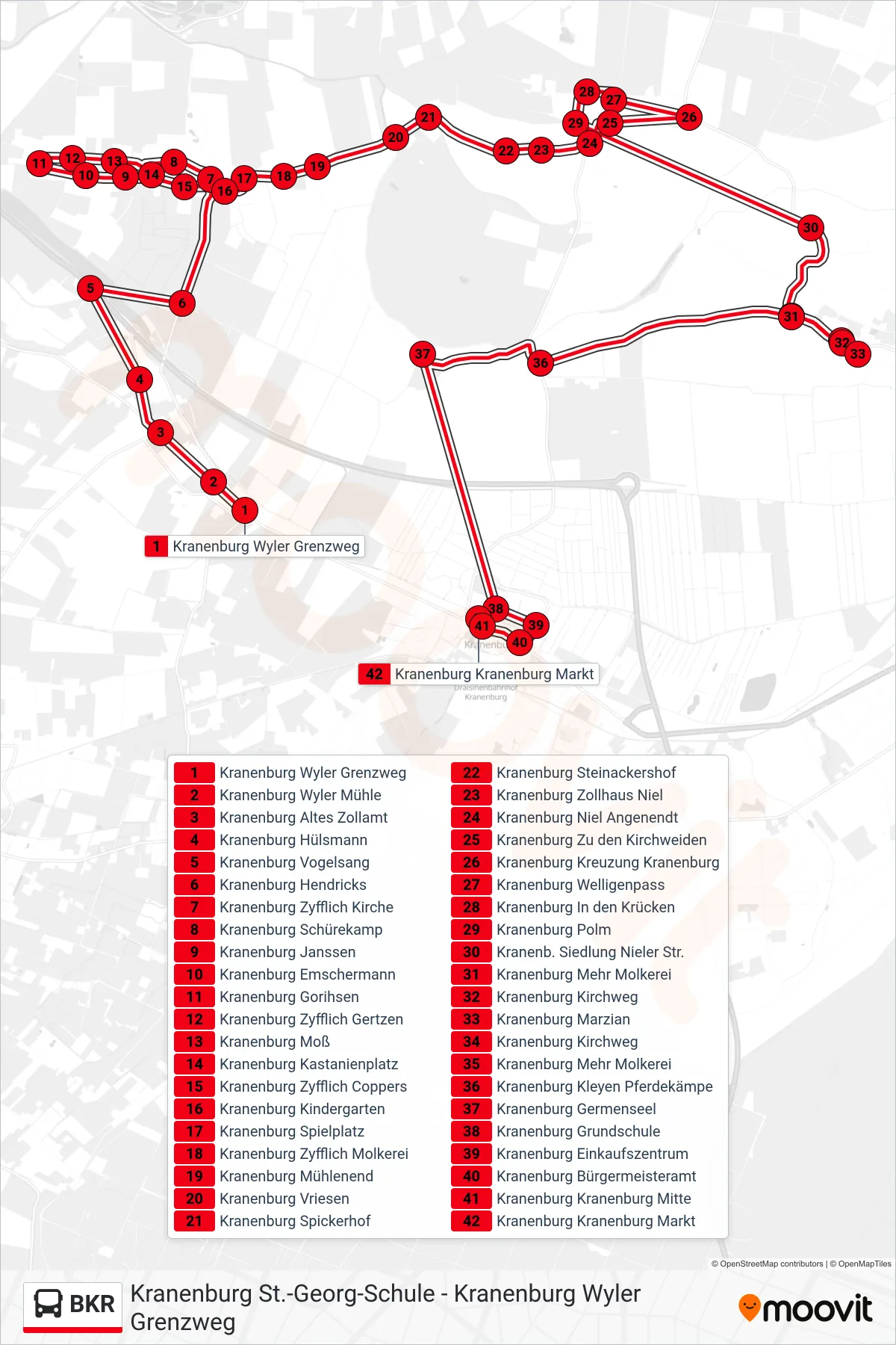 BKR bus Line (Kranenburg Kranenburg Markt) route and stops on a map