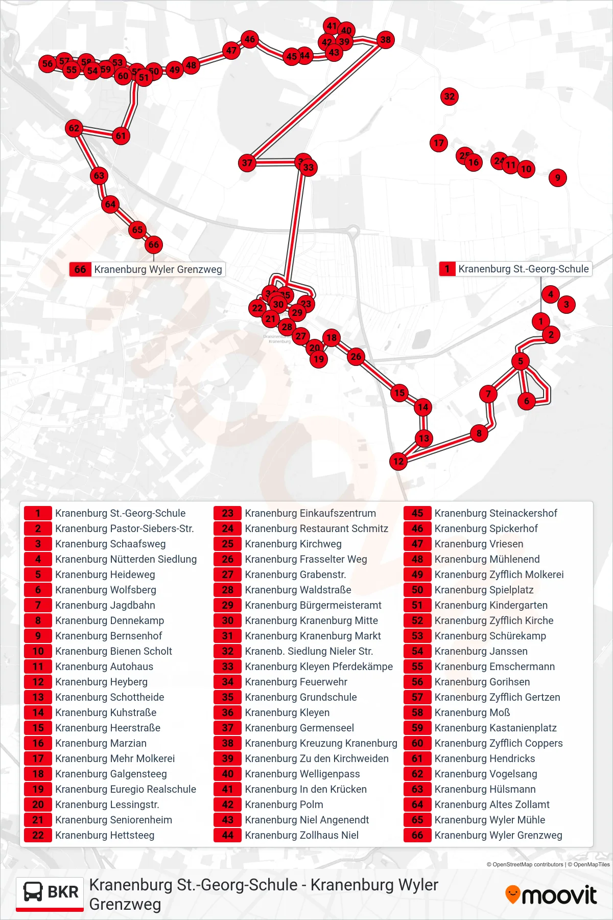 BKR bus Line (Kranenburg Wyler Grenzweg) route and stops on a map