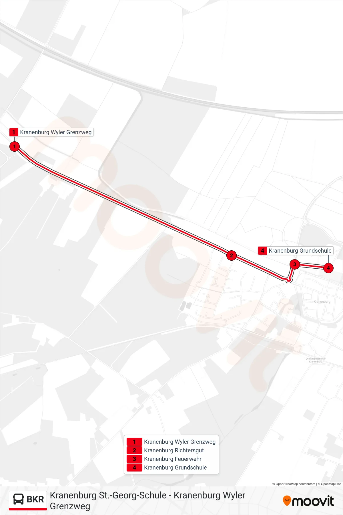 BKR bus Line (Kranenburg Grundschule) route and stops on a map