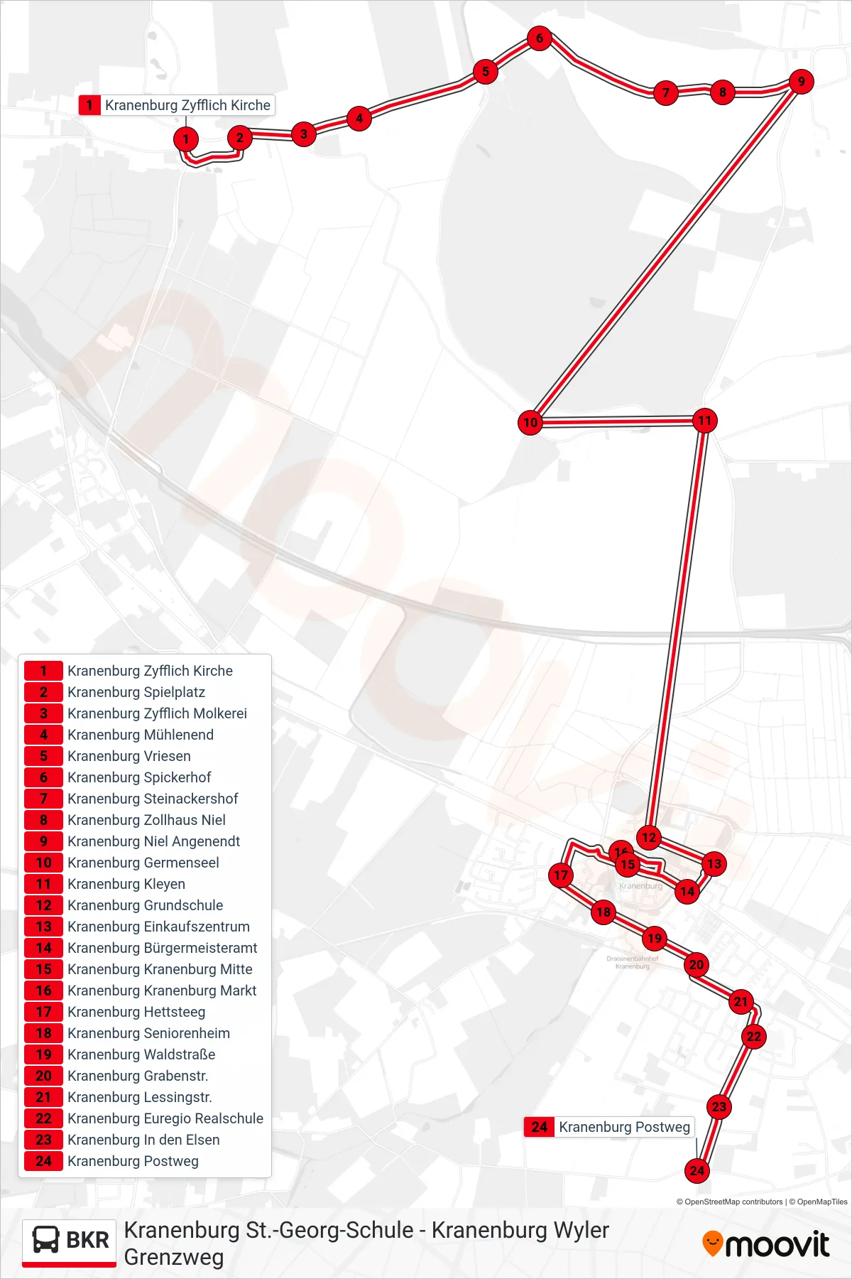 BKR bus Line (Kranenburg Postweg) route and stops on a map