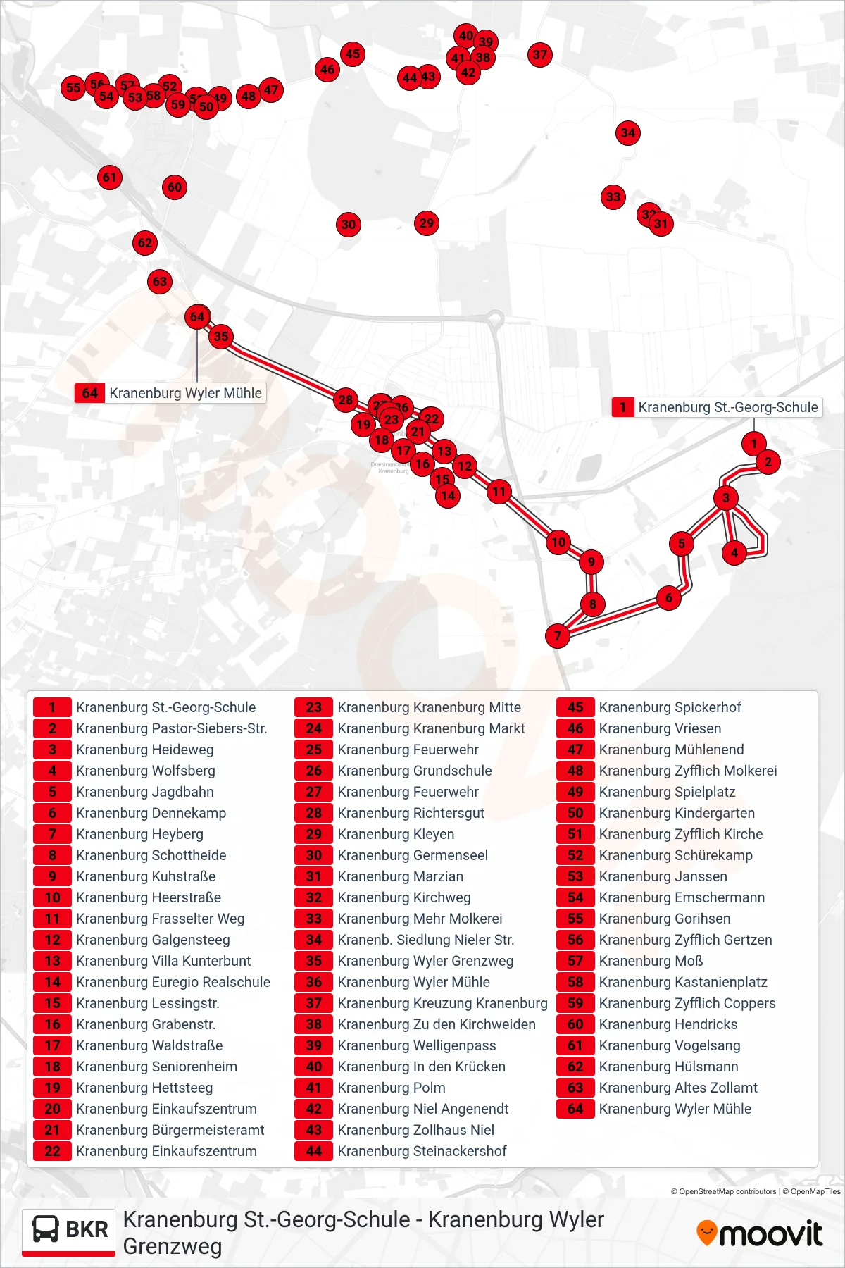 Linie BKR (Bus) Richtung Kranenburg Wyler Mühle: Route und Haltestellen auf der Karte