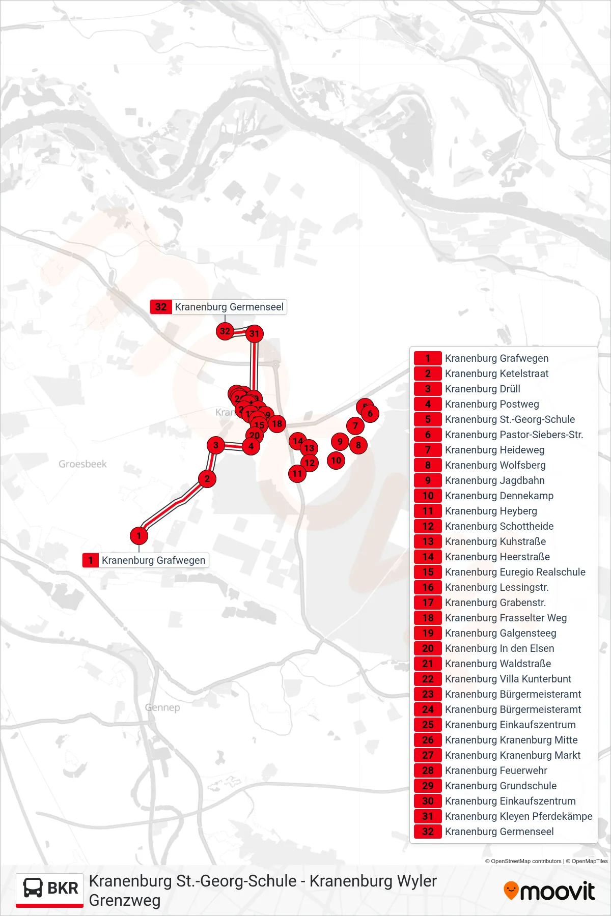 BKR bus Line (Kranenburg Germenseel) route and stops on a map