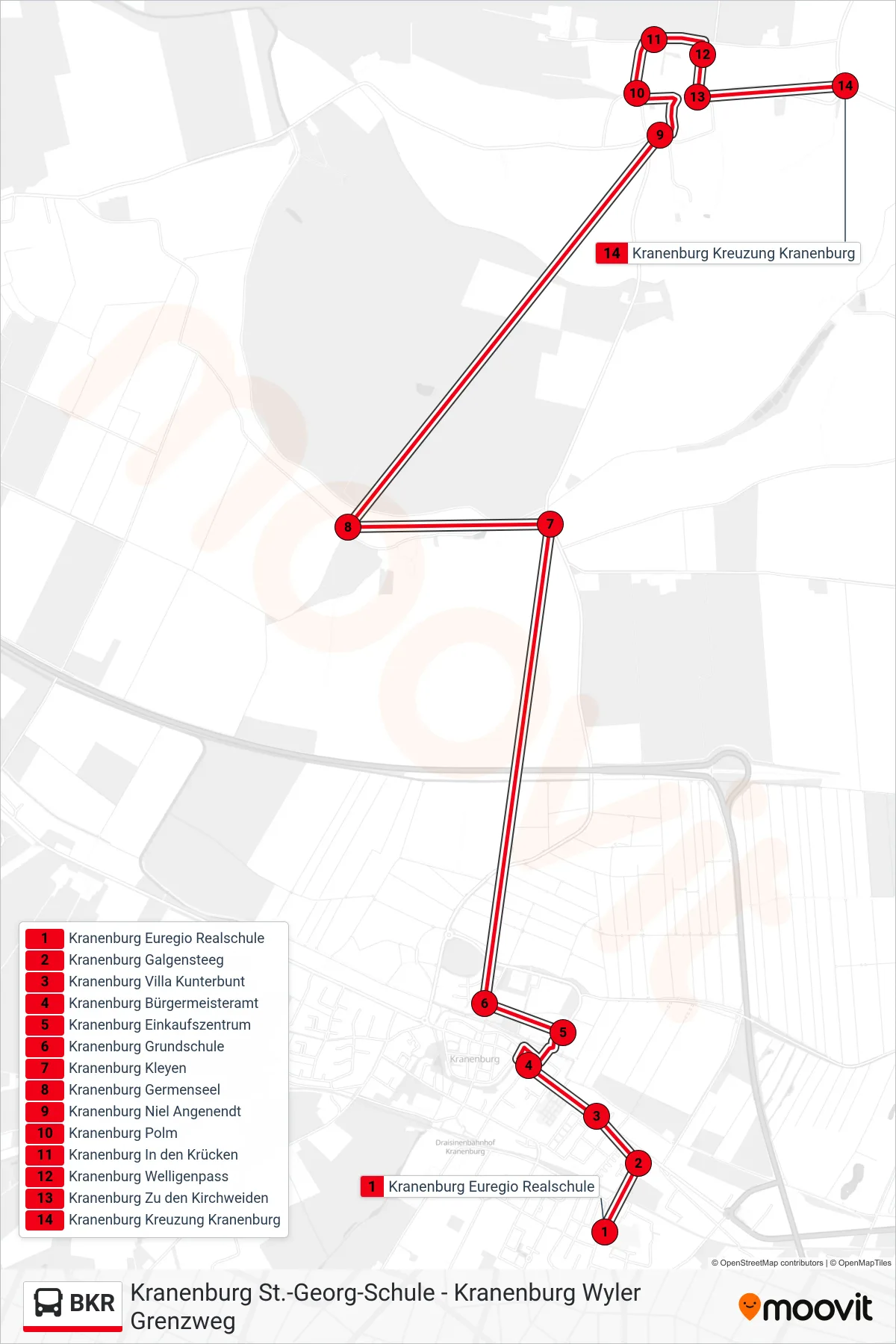 Linie BKR (Bus) Richtung Kranenburg Kreuzung Kranenburg: Route und Haltestellen auf der Karte