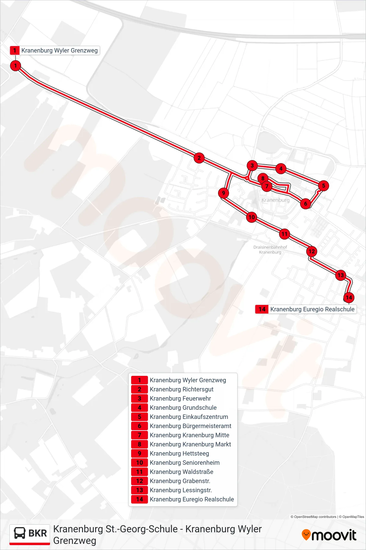 BKR bus Line (Kranenburg Euregio Realschule) route and stops on a map