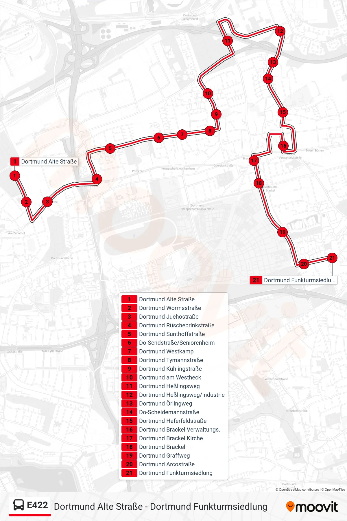Linie E422 (Bus) Richtung Dortmund Funkturmsiedlung: Route und Haltestellen auf der Karte
