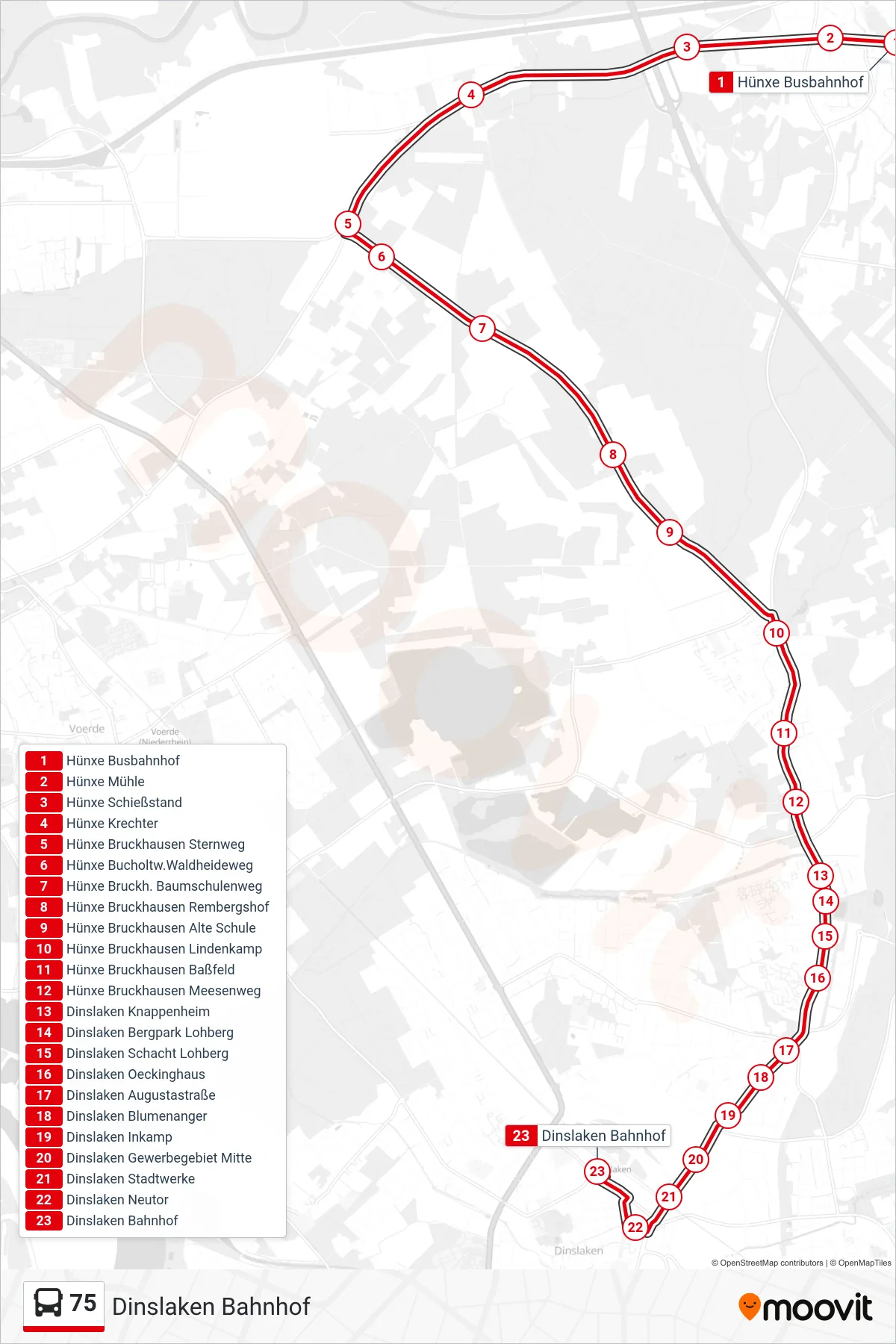 Linie 75 (Bus) Richtung Dinslaken Bahnhof: Route und Haltestellen auf der Karte