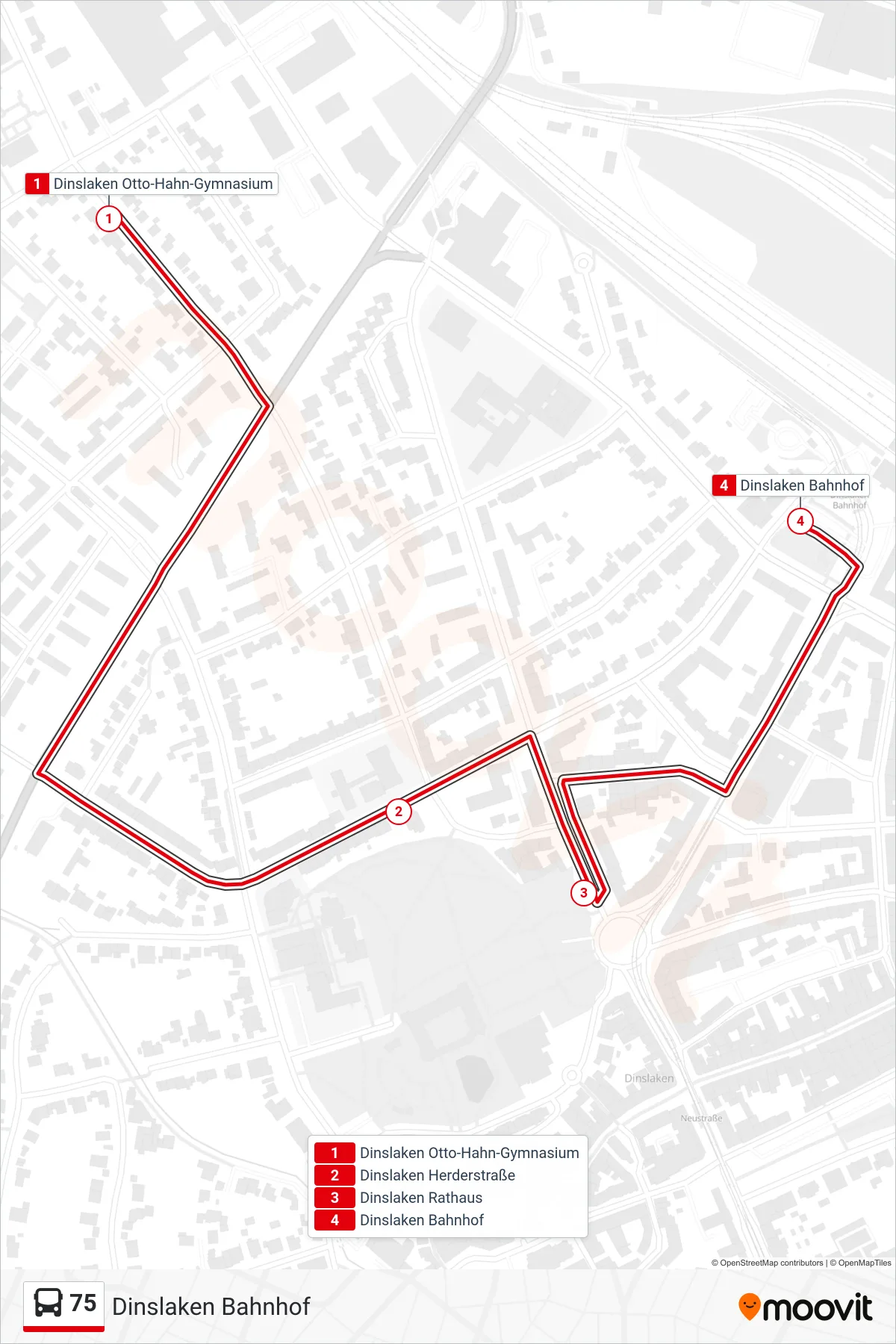 Linie 75 (Bus) Richtung Dinslaken Bahnhof: Route und Haltestellen auf der Karte