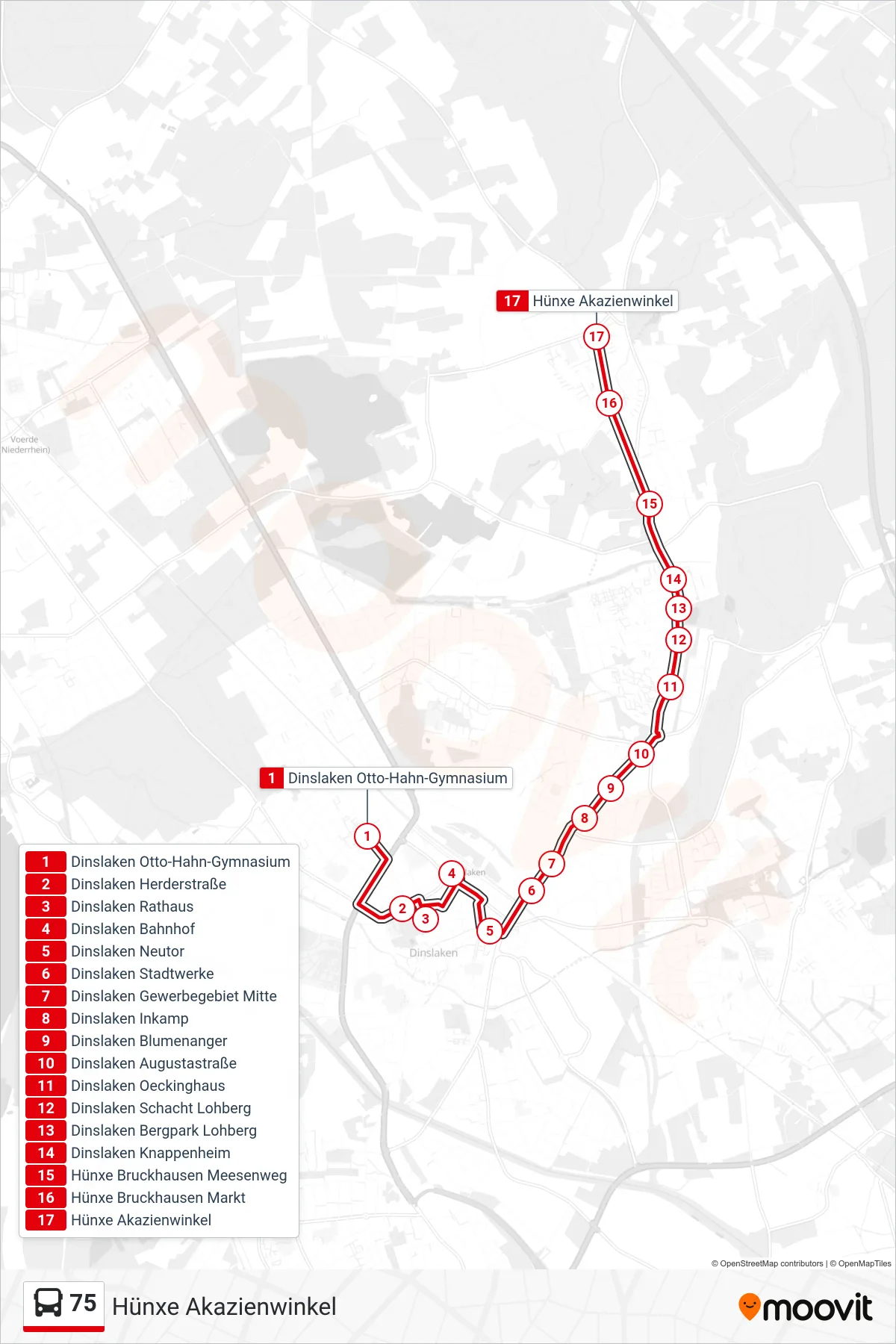 Linie 75 (Bus) Richtung Hünxe Akazienwinkel: Route und Haltestellen auf der Karte