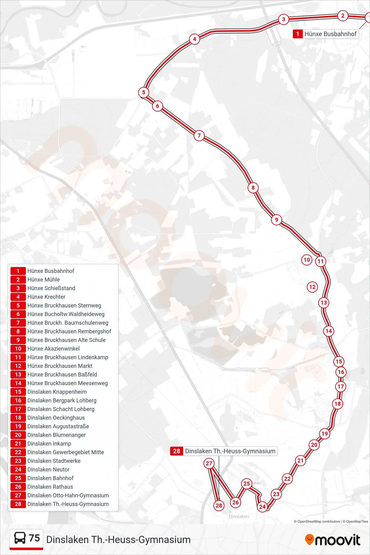 Linie 75 (Bus) Richtung Dinslaken Th.-Heuss-Gymnasium: Route und Haltestellen auf der Karte