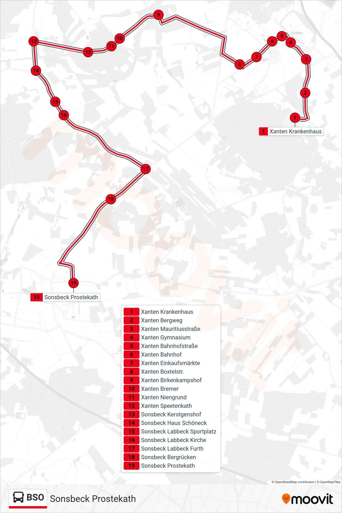 Linie BSO (Bus) Richtung Sonsbeck Prostekath: Route und Haltestellen auf der Karte